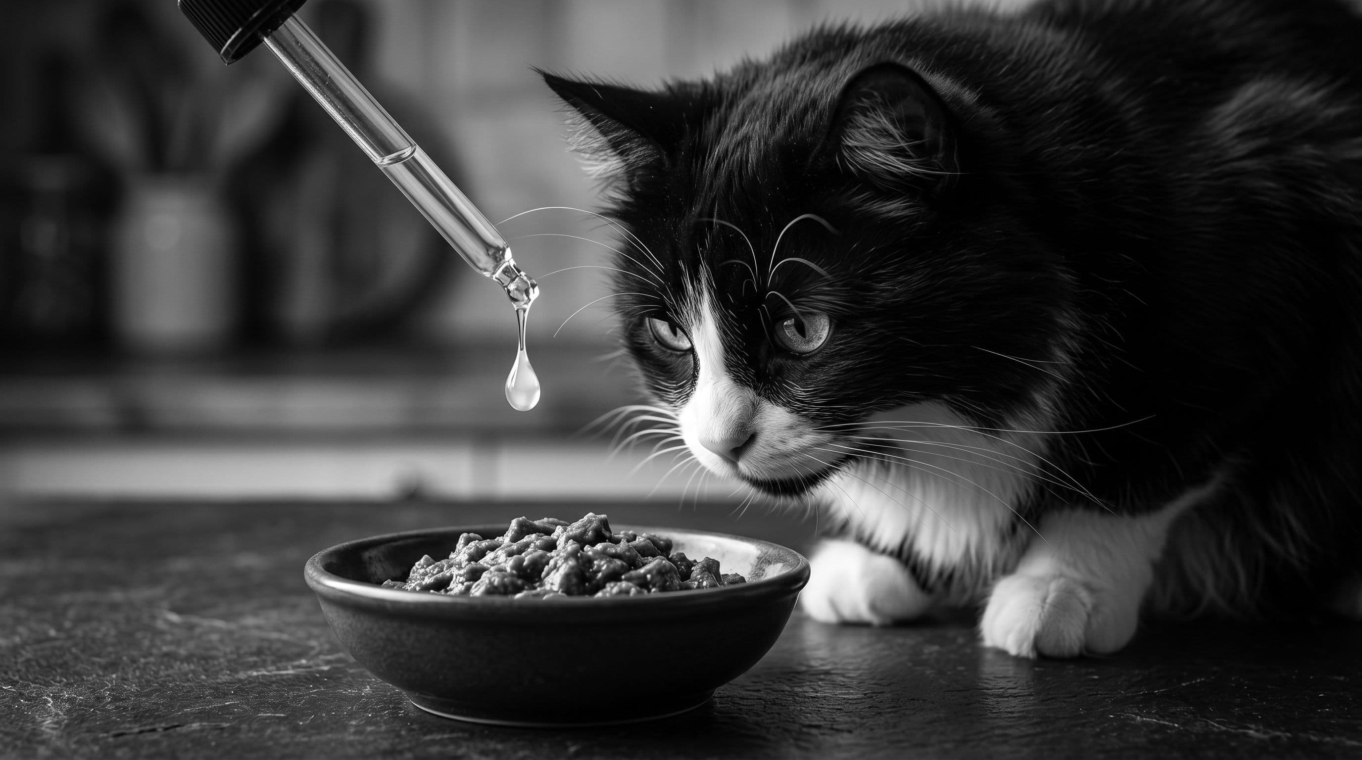 Tuxedo cat sniffing food being drizzled from a dropper into a bowl