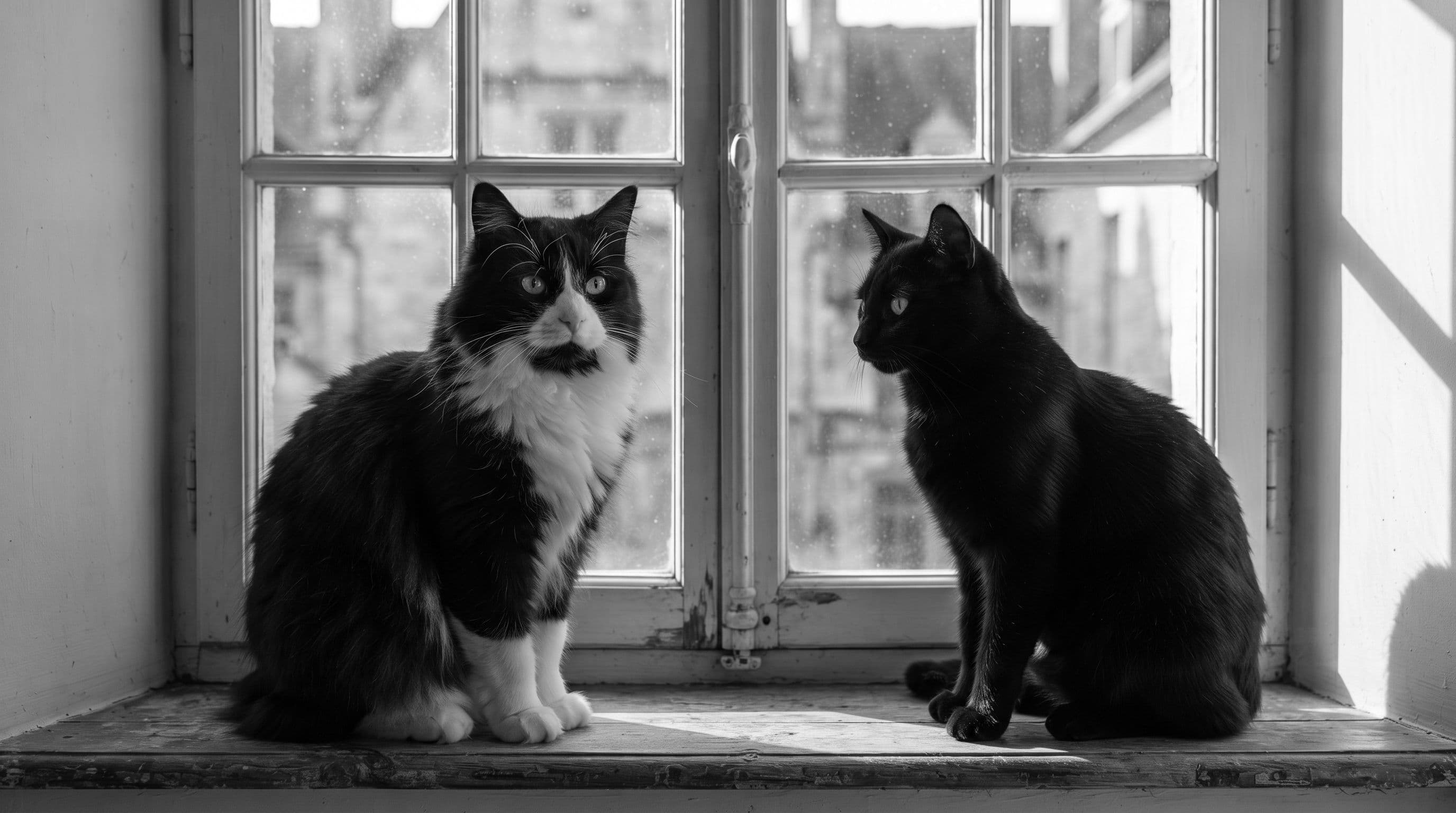 A black-and-white tuxedo cat and a slender all-black cat resting on opposite ends of a sunny windowsill, relaxed but maintaining distance