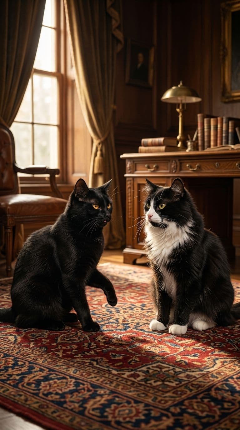 Black cat and tuxedo cat sitting together on a Persian rug in a wood-paneled study