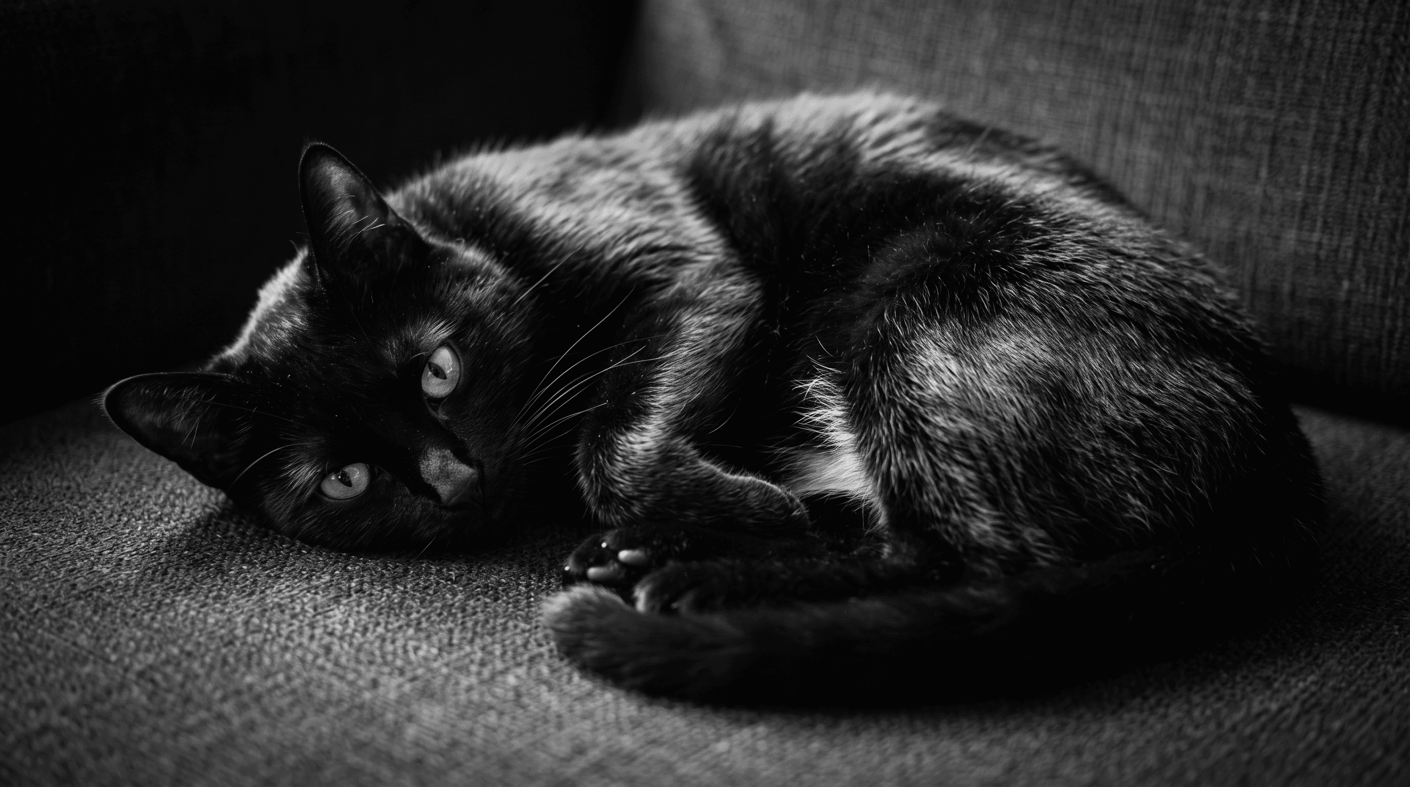 A small all-black cat with one white chest patch curled on dark furniture