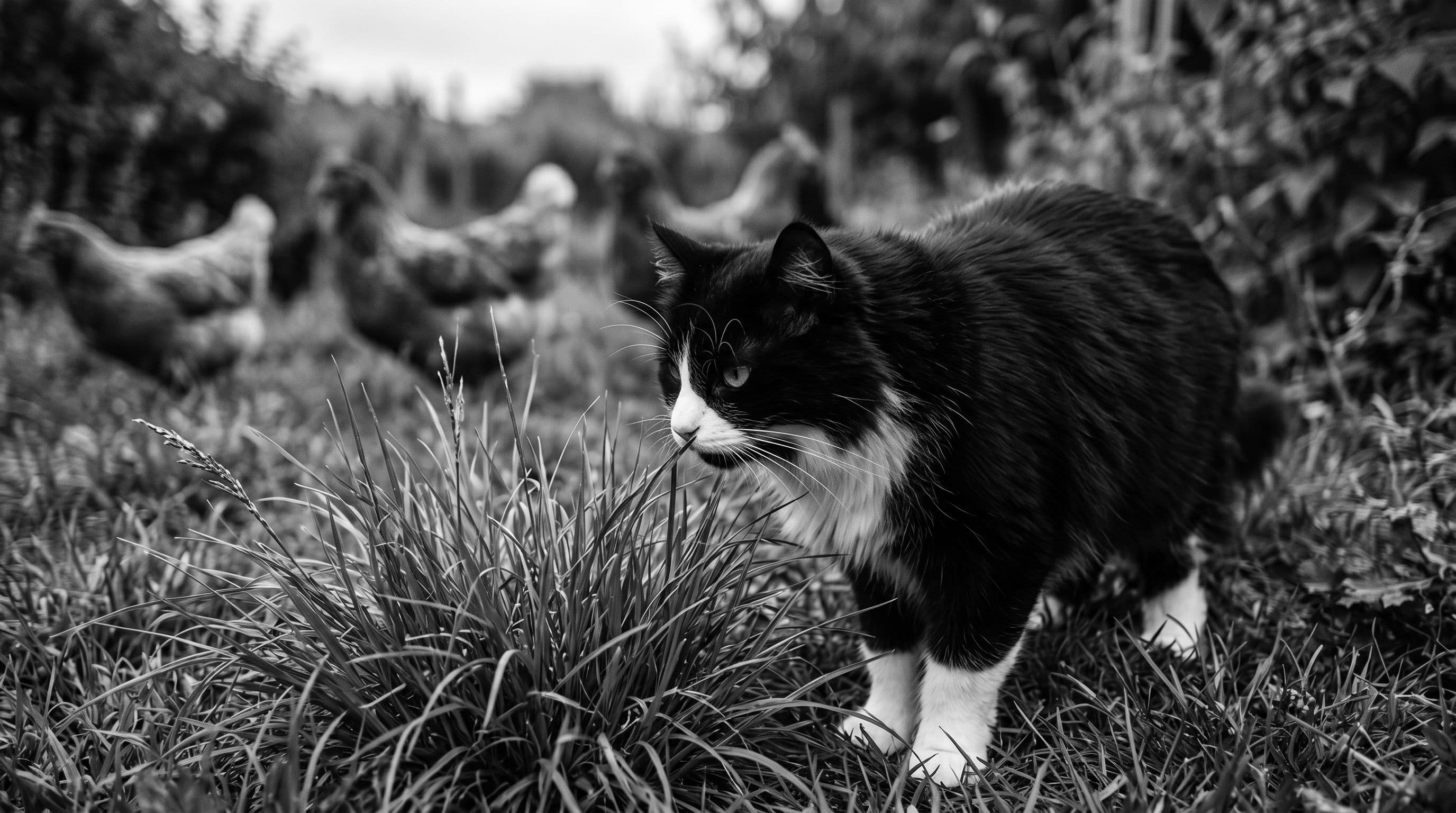 Black-and-white tuxedo cat exploring a green backyard garden with free-range chickens blurred in the background.