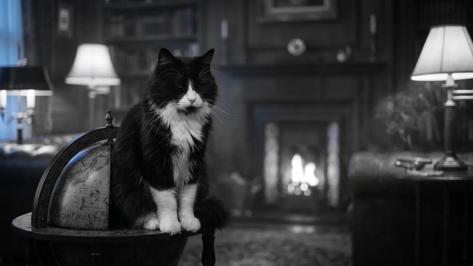 Tuxedo cat sitting on a globe stand in a moody library beside a lit fireplace