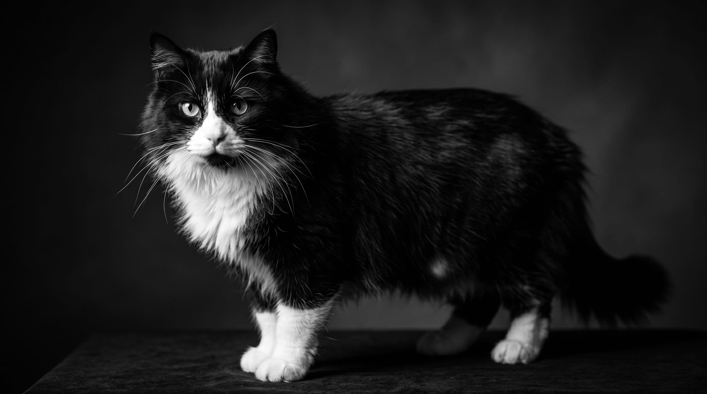 Tuxedo cat standing in profile against a dark studio backdrop