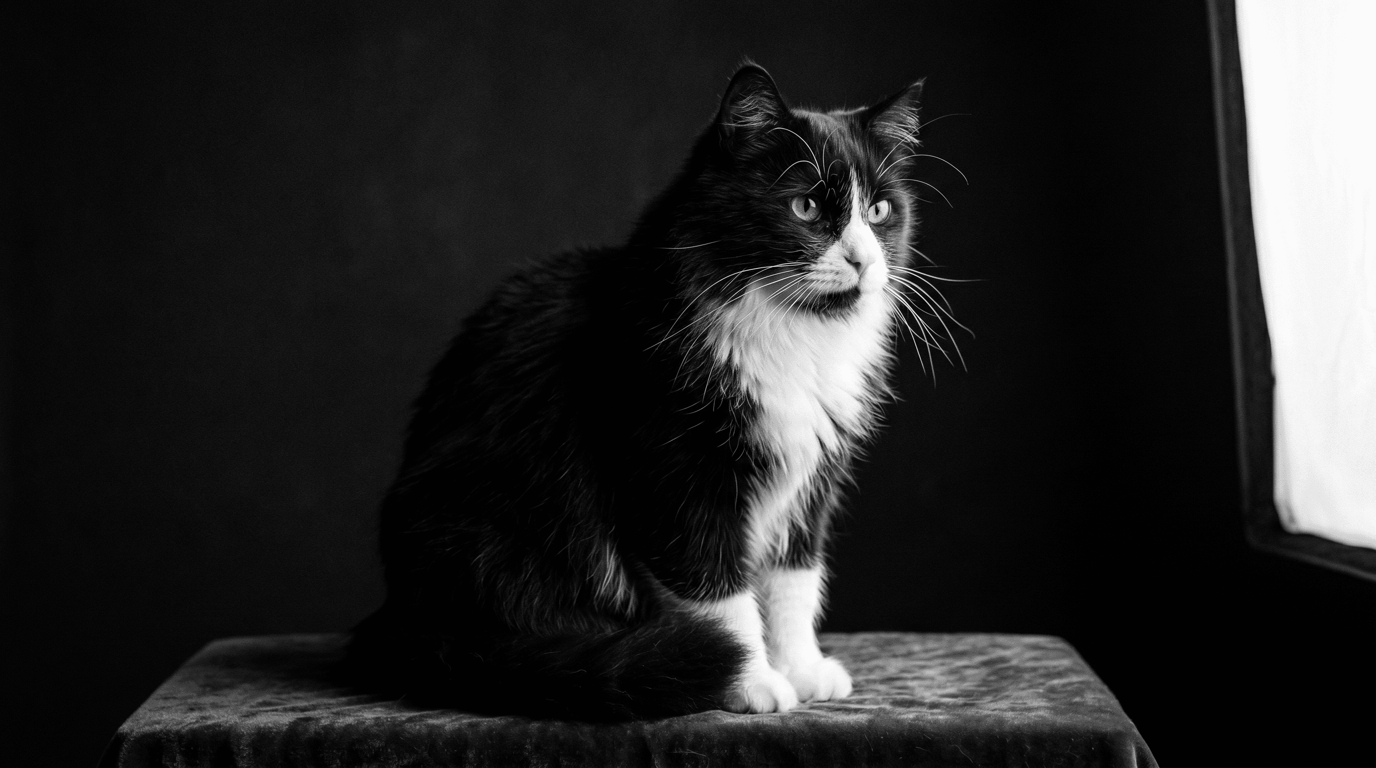 Tuxedo cat sitting on a stool in dramatic studio lighting