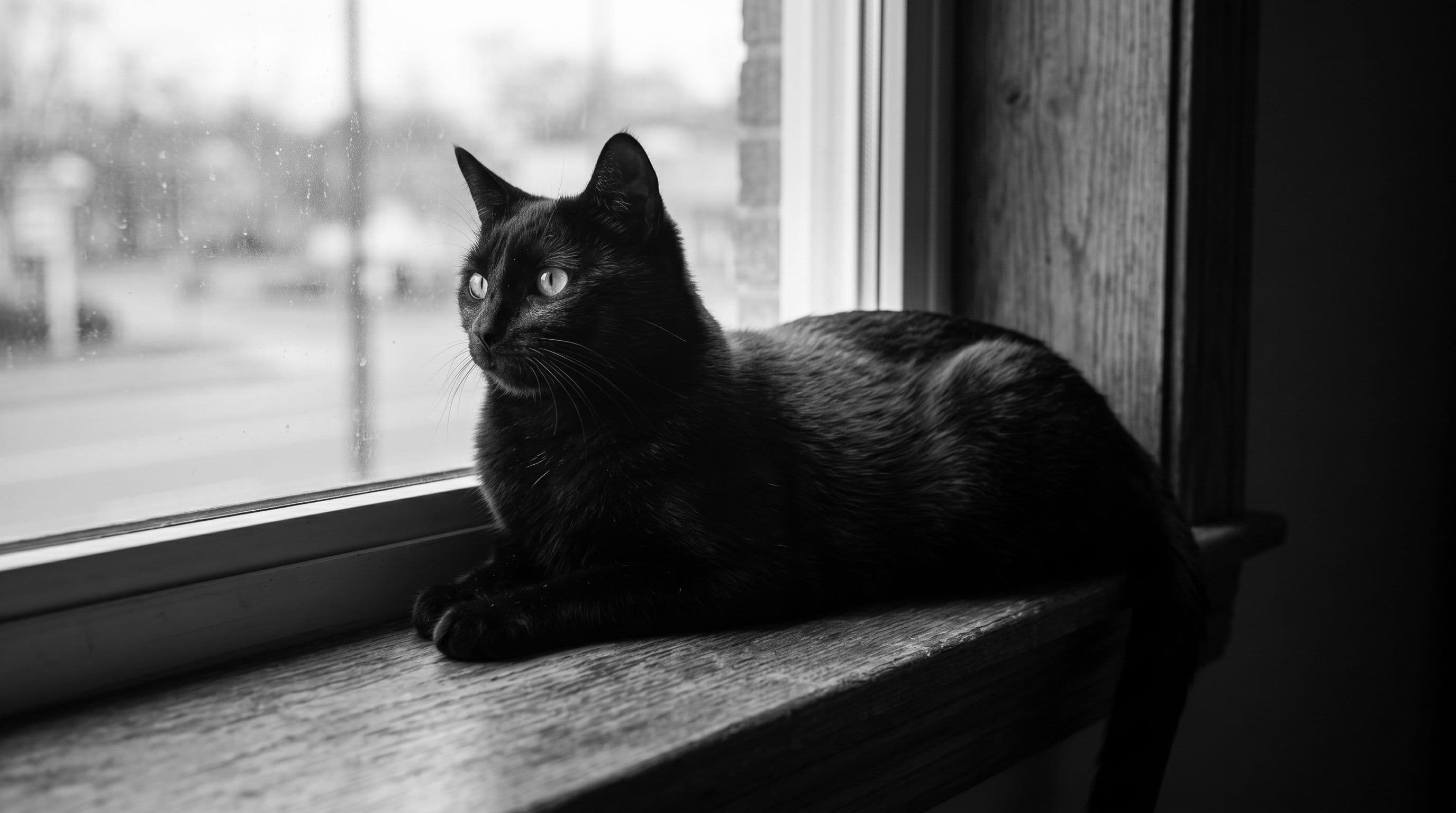 Slender all-black cat stretched out on a sunlit windowsill, looking serenely unbothered and self-contained