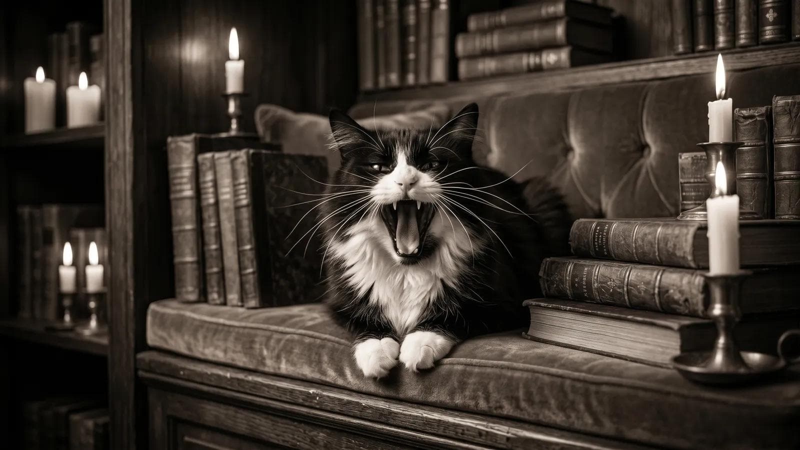 Black cat mid-yawn on a leather library bench surrounded by lit candles and antique books