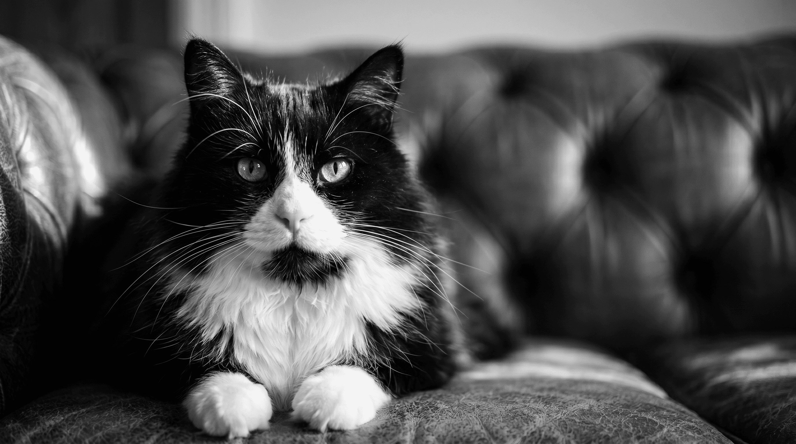 Close-up of a tuxedo cat lying on a dark tufted leather couch