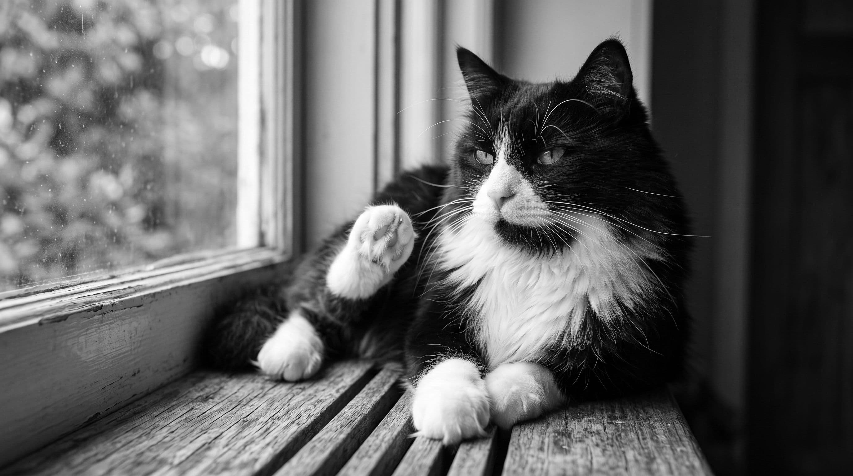 A black-and-white tuxedo cat on a wooden windowsill in angled morning light, showing the soft gradient from black chin to white chest