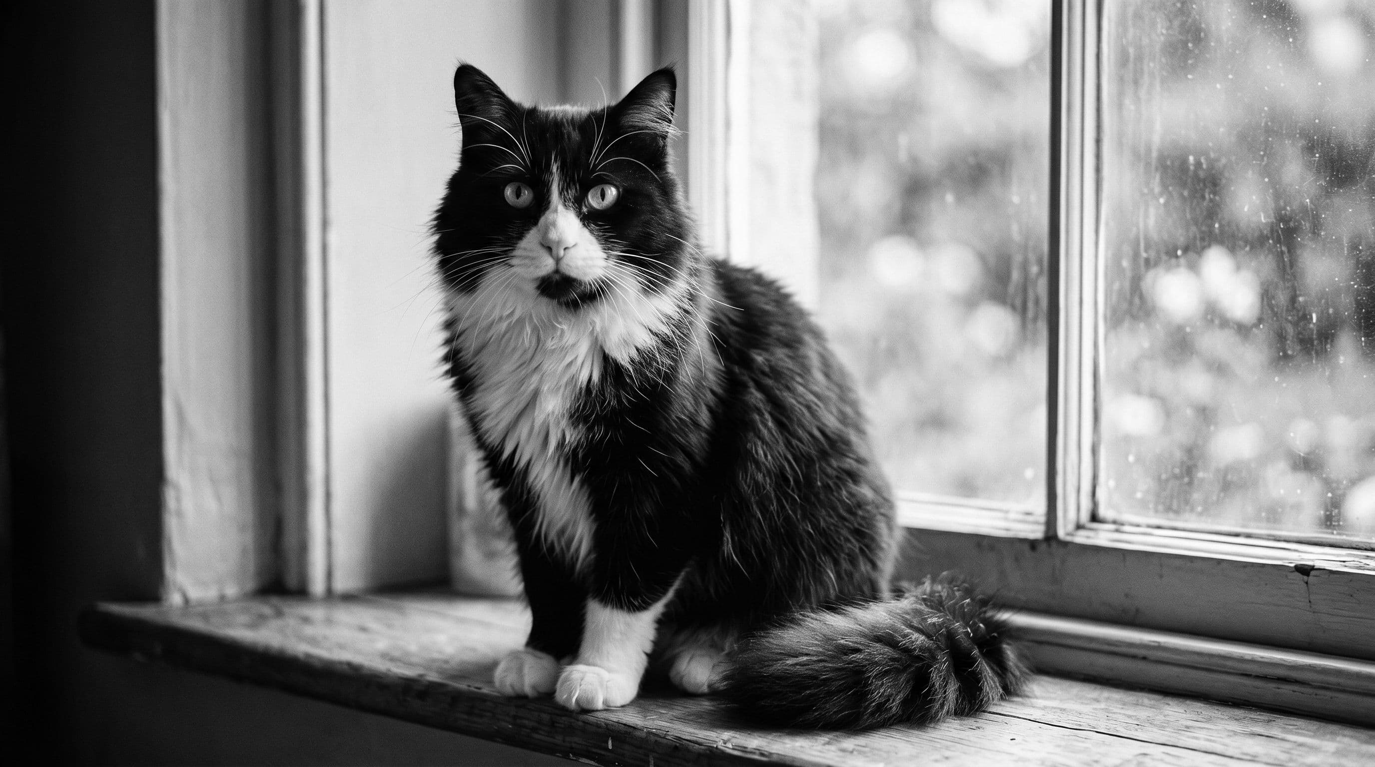 Tuxedo cat sitting on a windowsill with rain visible on the glass behind