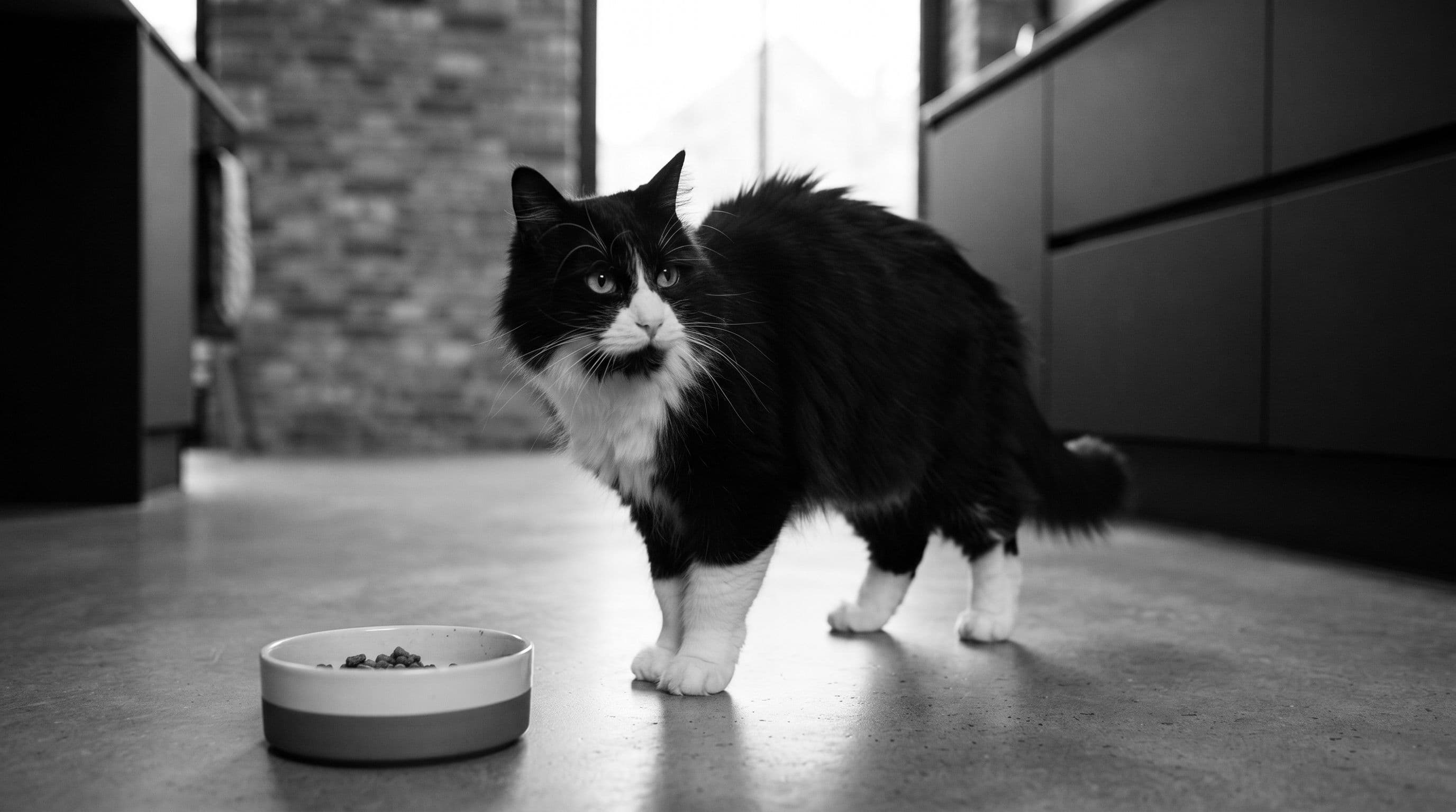 Tuxedo cat turning away from a partially eaten bowl of cat food on a kitchen floor with a tense posture