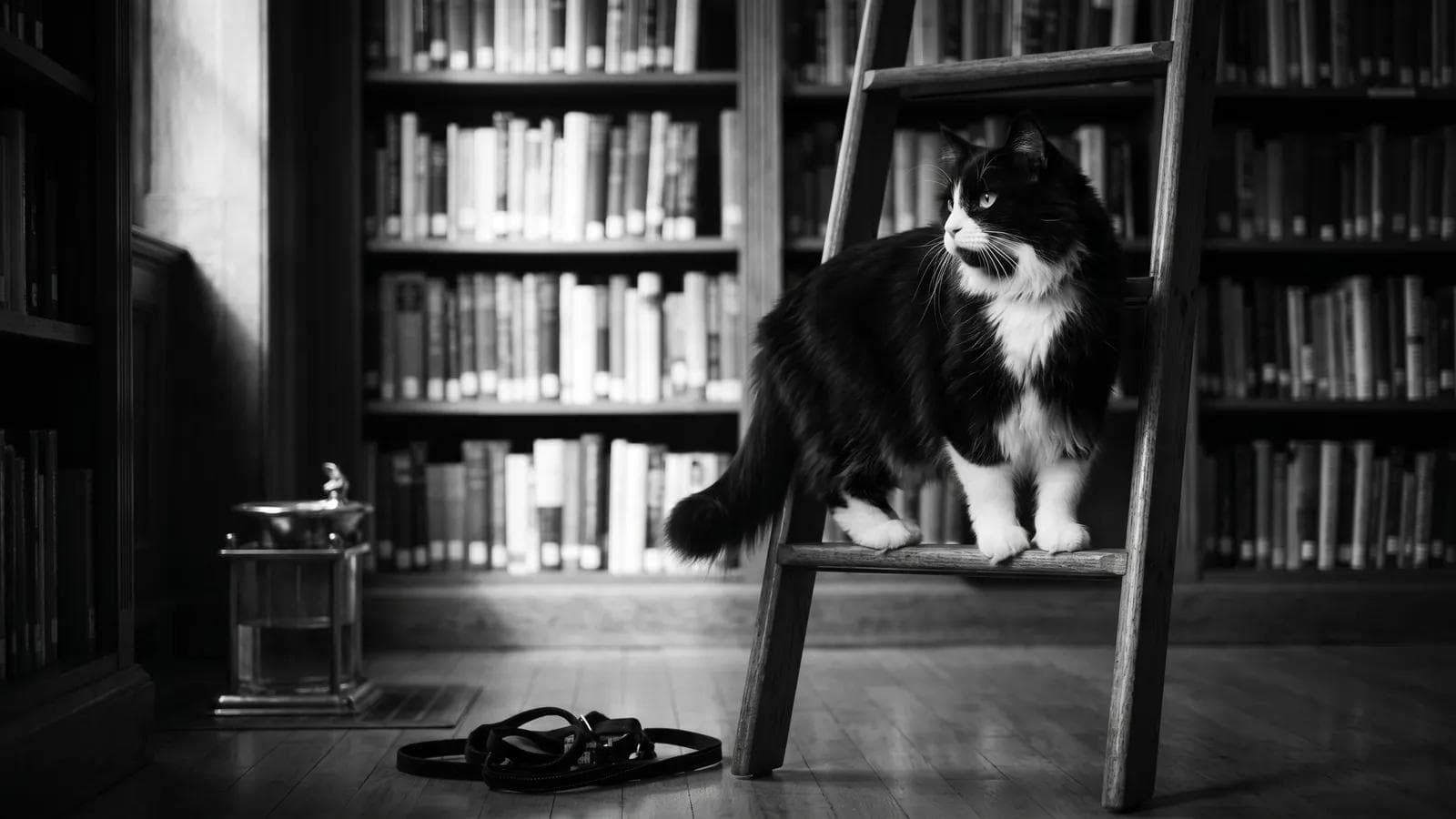 Tuxedo cat climbing a rolling library ladder past floor-to-ceiling bookshelves