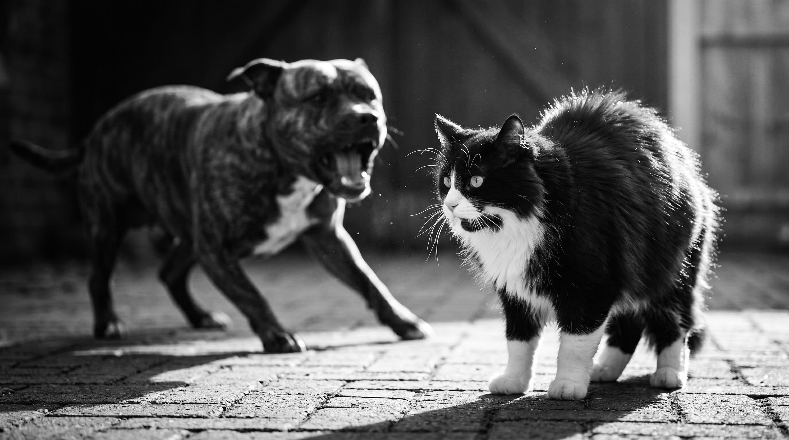 Tuxedo cat standing its ground against a barking dog in a stone courtyard