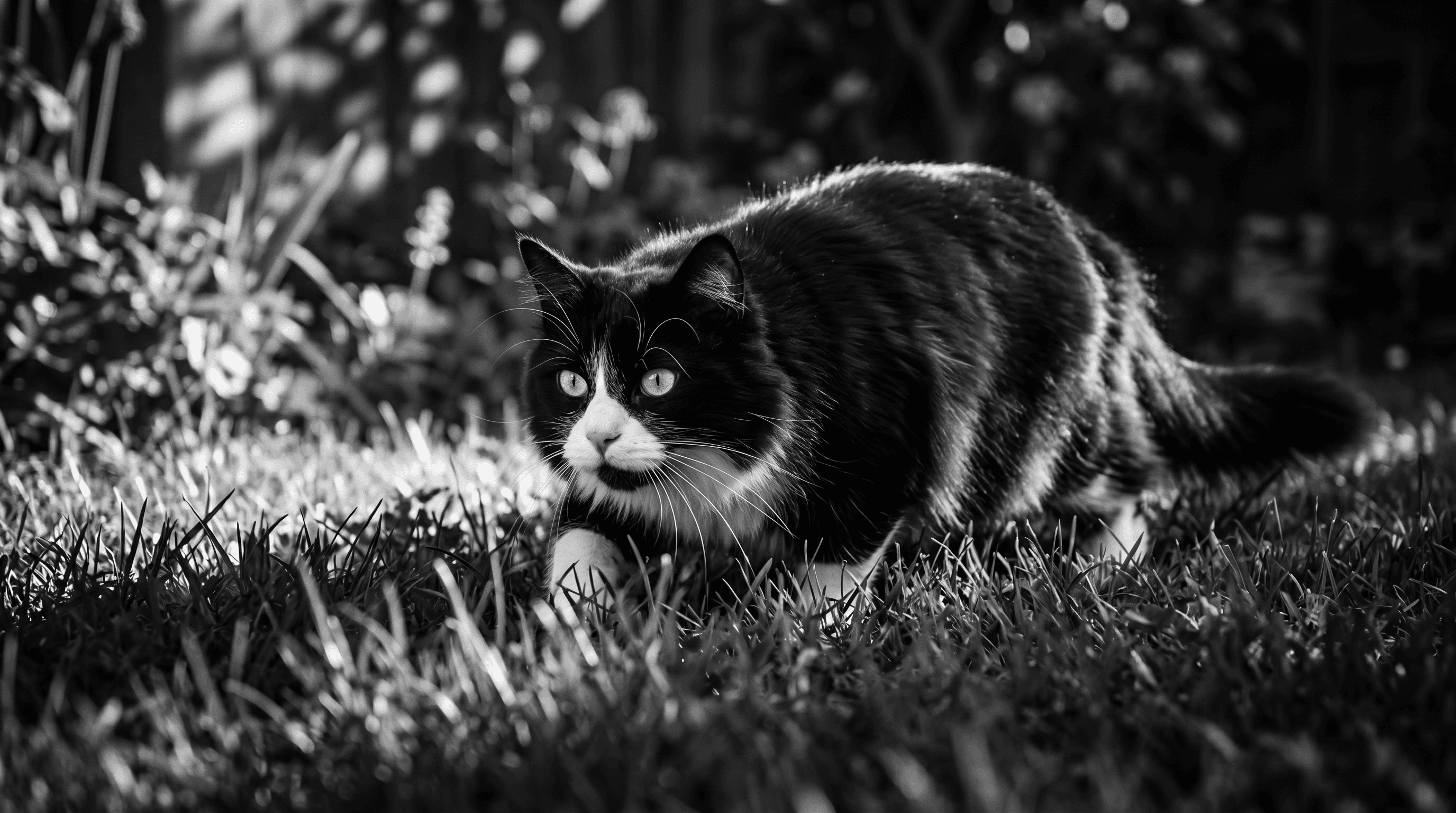 Black-and-white tuxedo cat with white socked paws crouching low in green grass outdoors, body stretched in a silent hunting posture