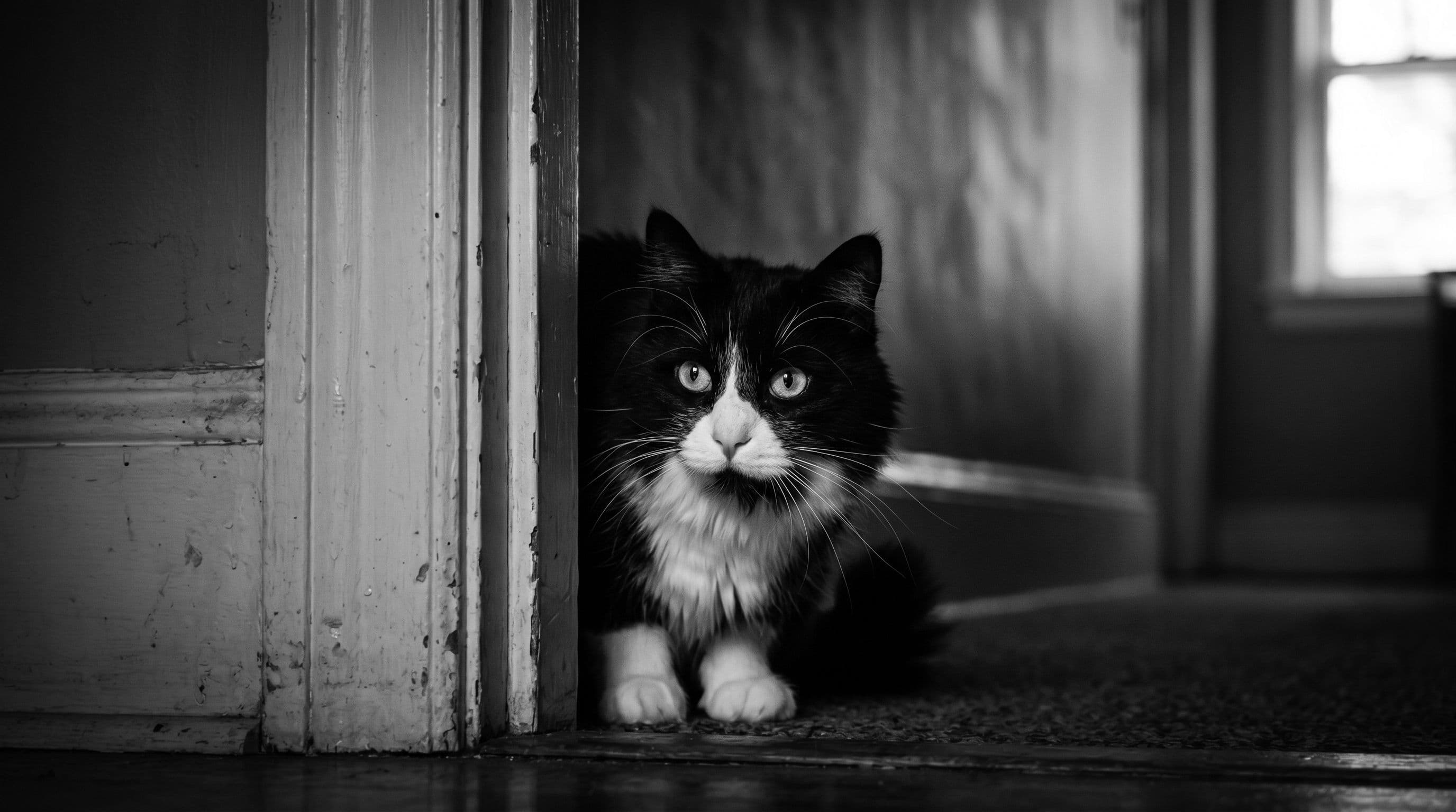 Tuxedo cat crouched low behind a doorframe in a shadowy hallway, eyes wide and body tense in hunting position