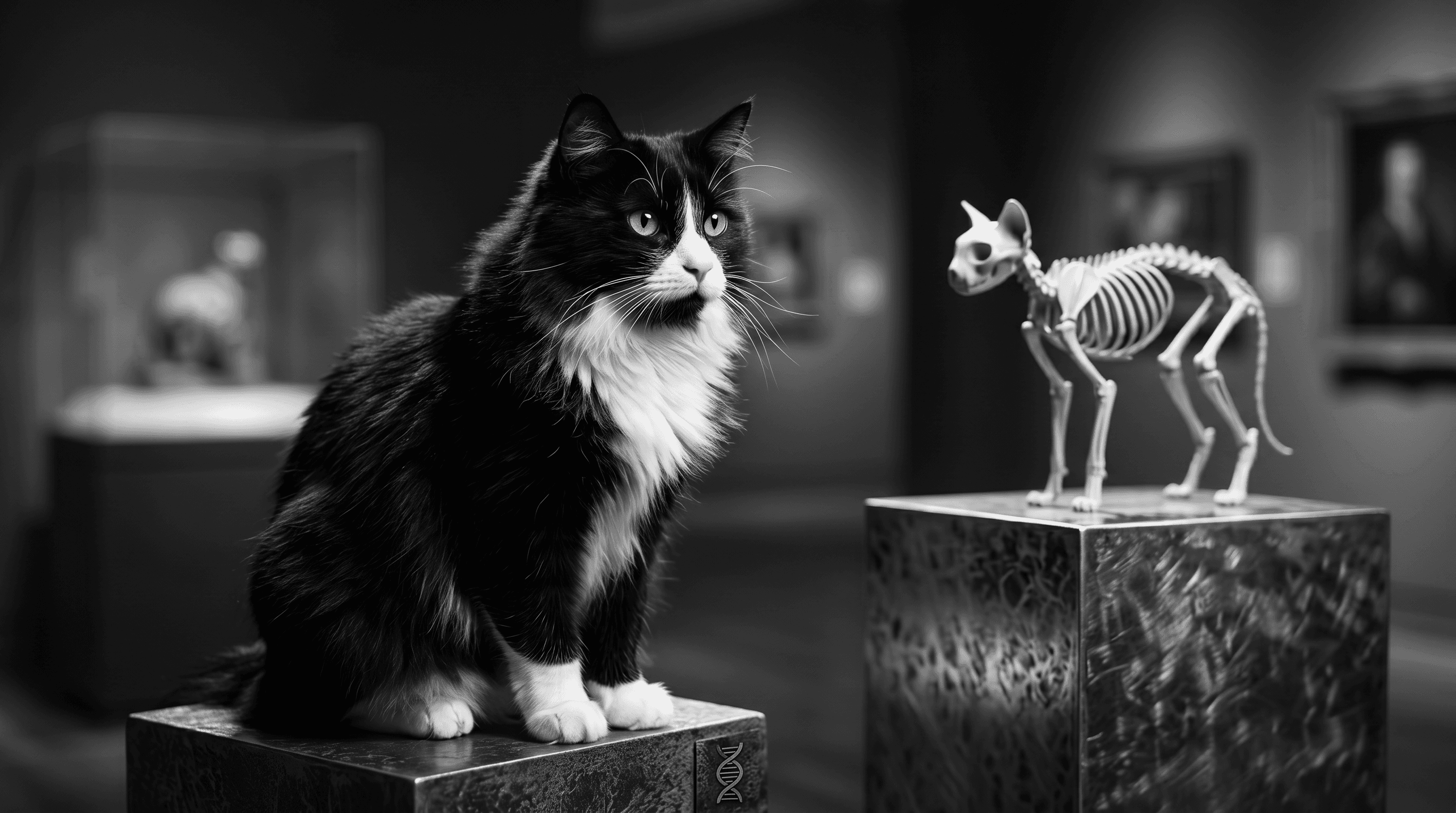 Tuxedo cat sitting on a museum pedestal beside a cat skeleton display
