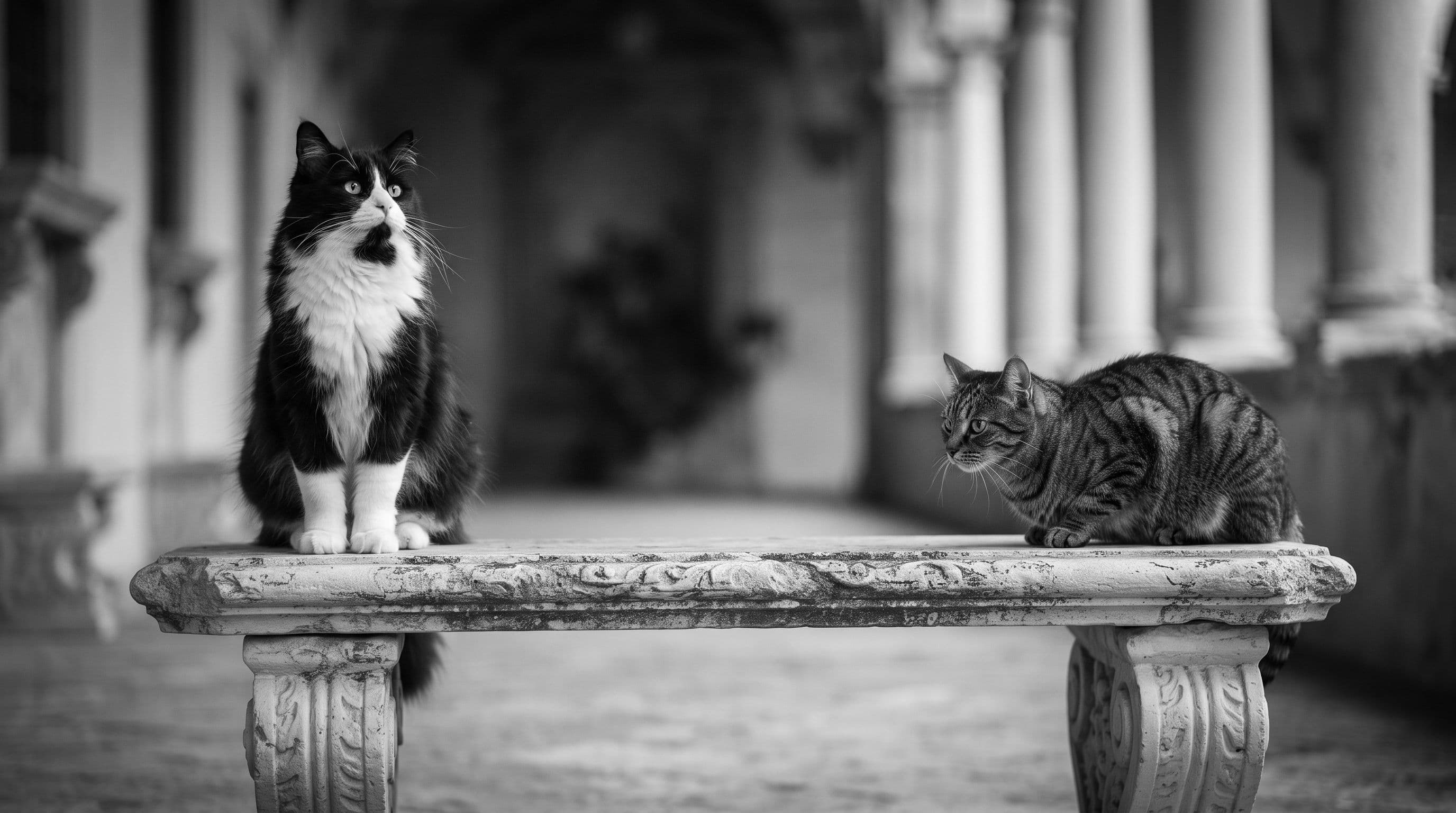 A tuxedo cat and a brown tabby cat facing each other across a garden bench, tense standoff