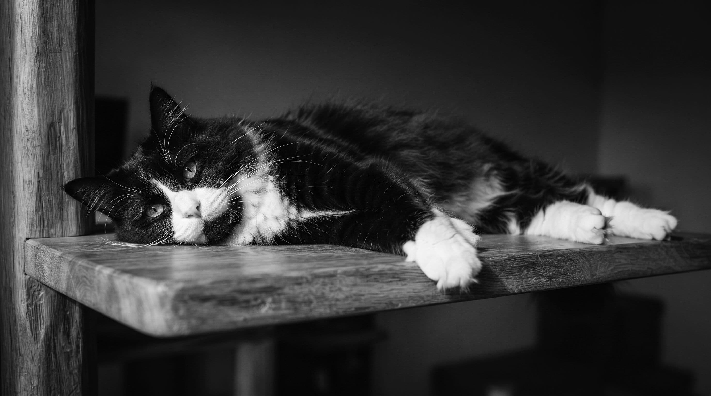 Tuxedo cat lying fully stretched on his side across a wide wooden cat tree platform showing ample room around him