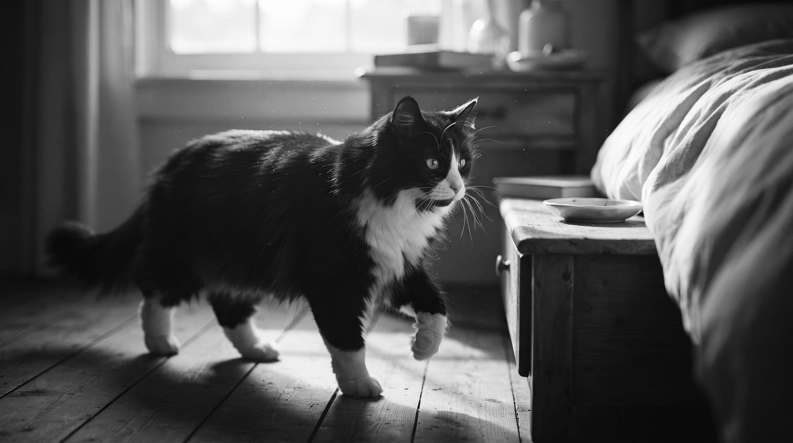 A tuxedo cat with white paws walks across a wooden floor in soft morning light