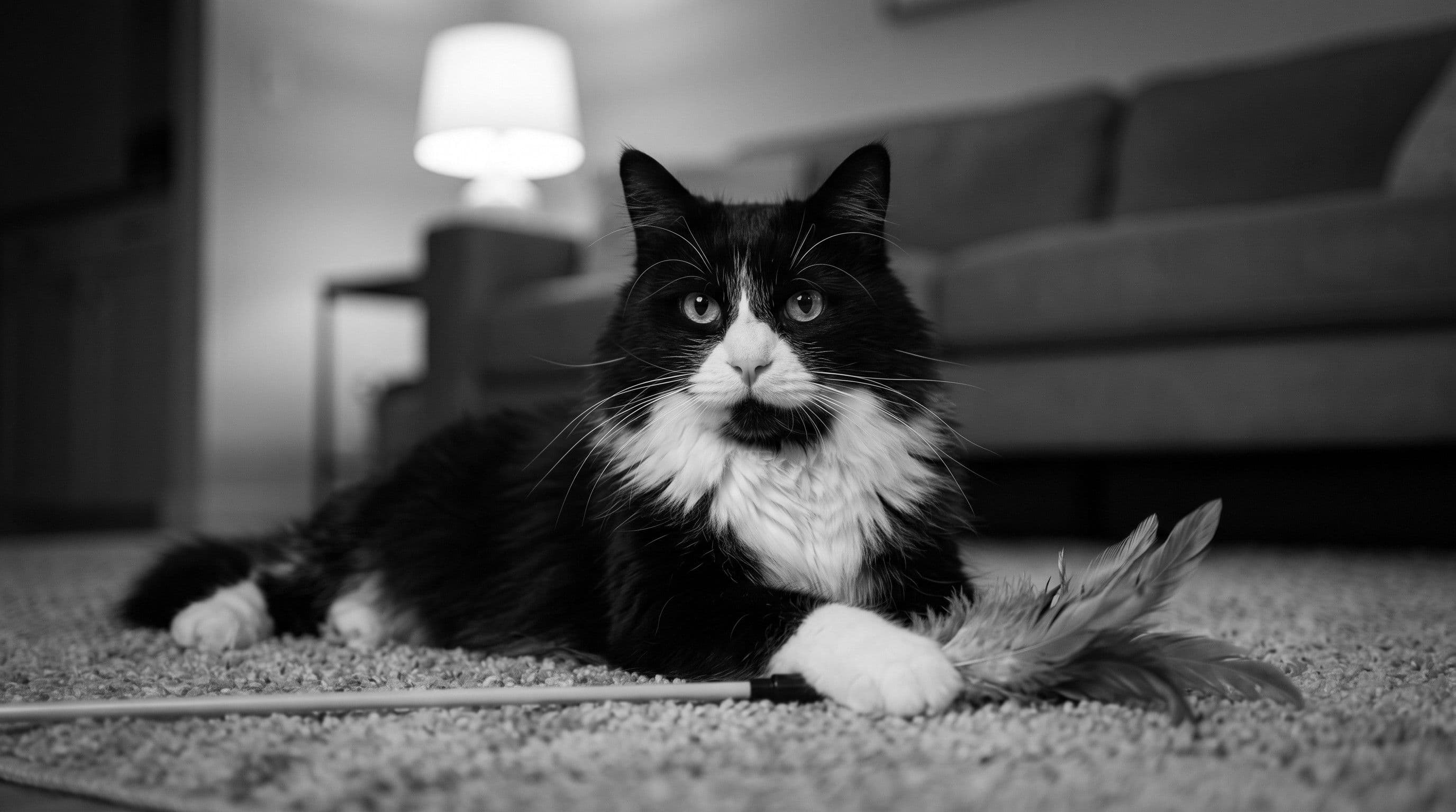 A tuxedo cat lying on a living room rug beside a feather wand toy, one white paw resting on the feathers, a lamp glowing behind him in the evening.