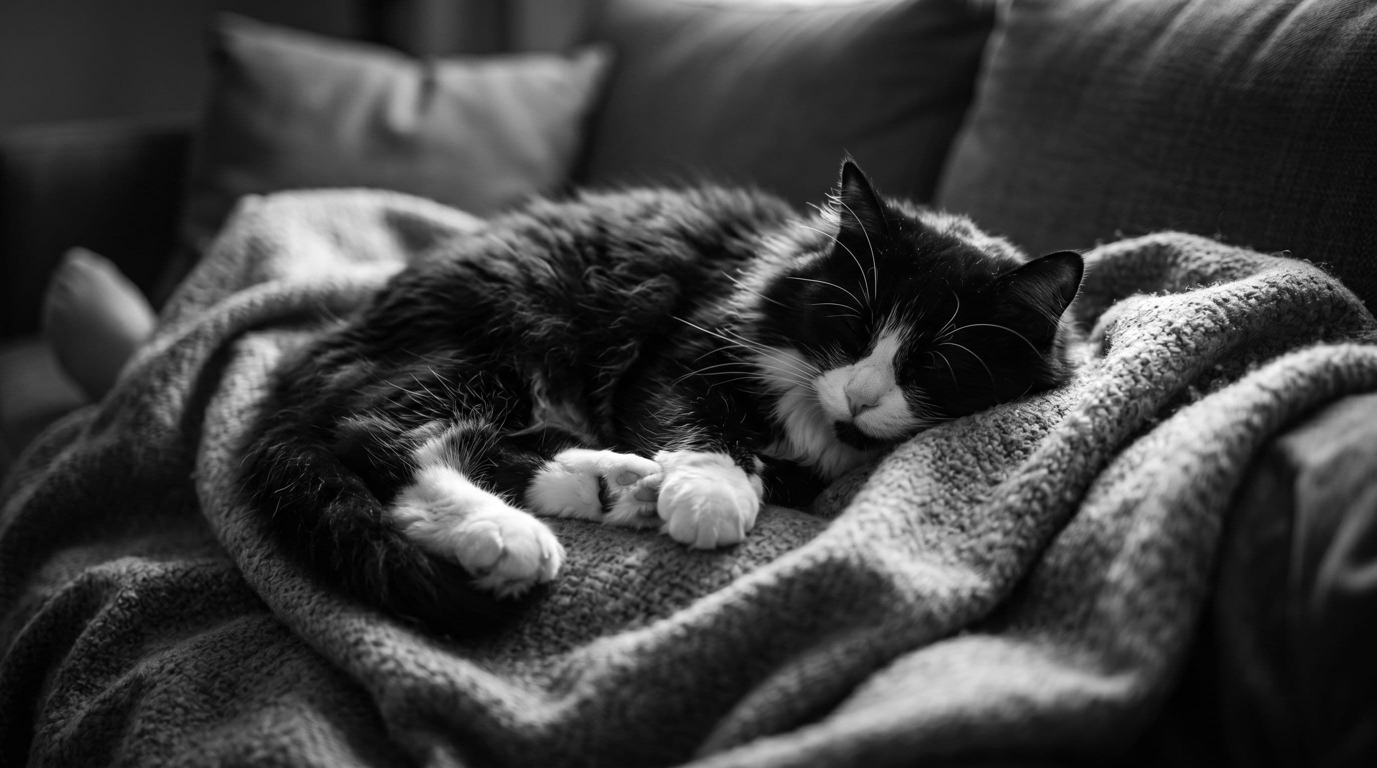 Black-and-white tuxedo cat relaxed on a blanket