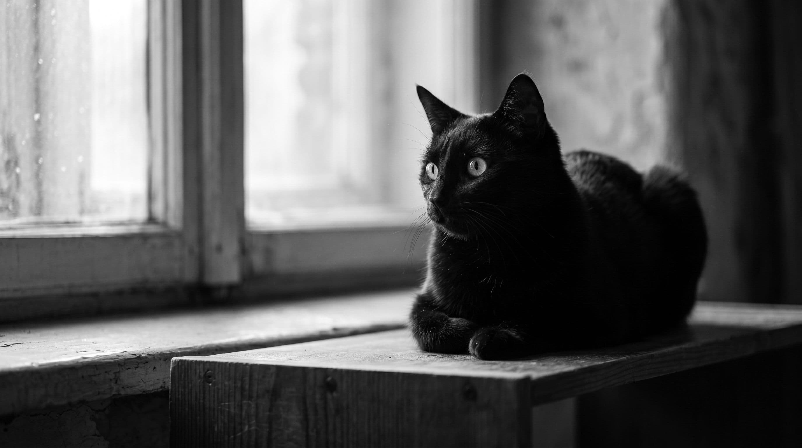 Slender all-black cat lying on a cushioned shelf near a window in warm afternoon light, eyes open and quietly alert