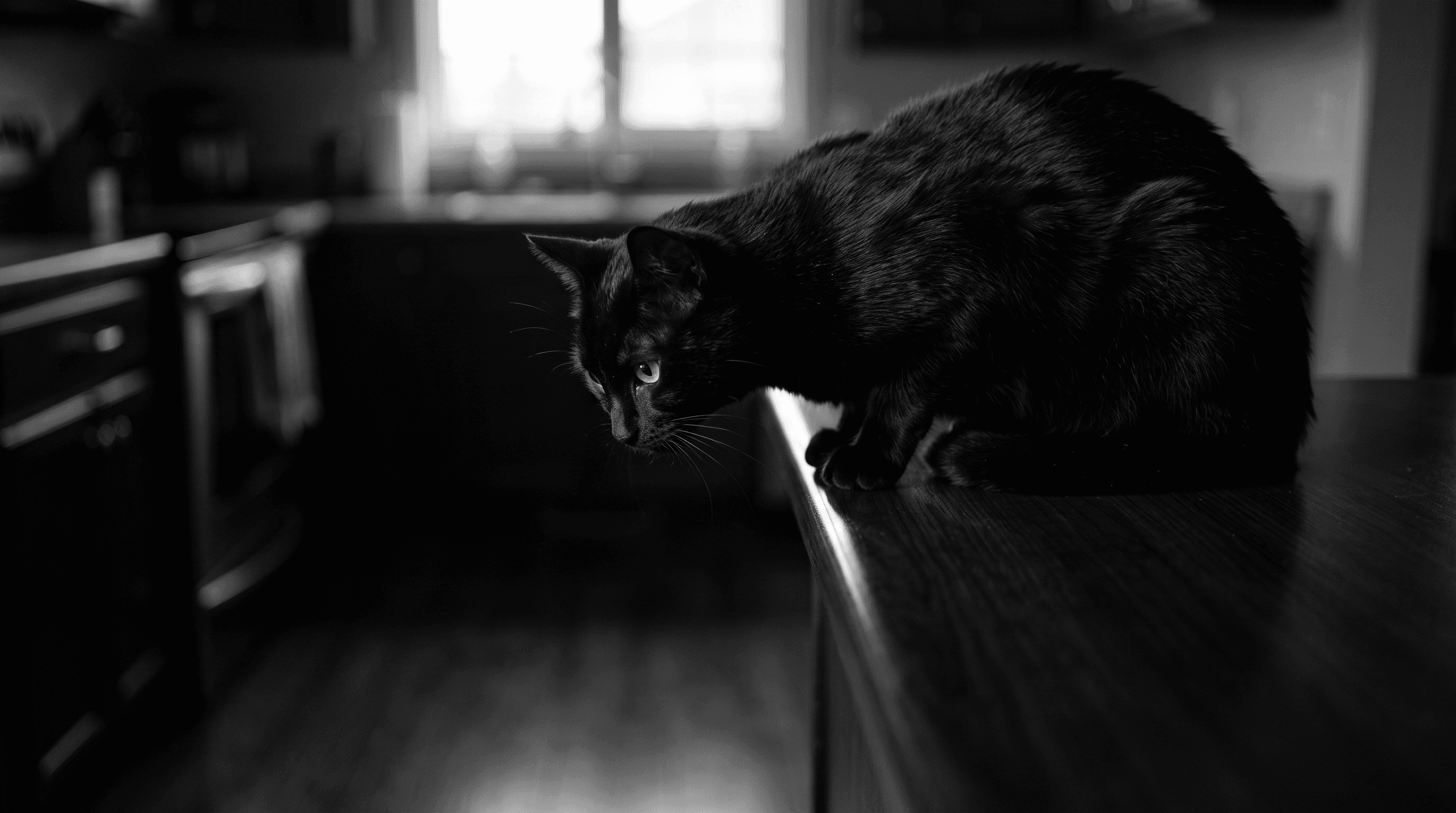 A solid black cat crouched on counter edge, yellow eyes alert, body tense with predatory focus.