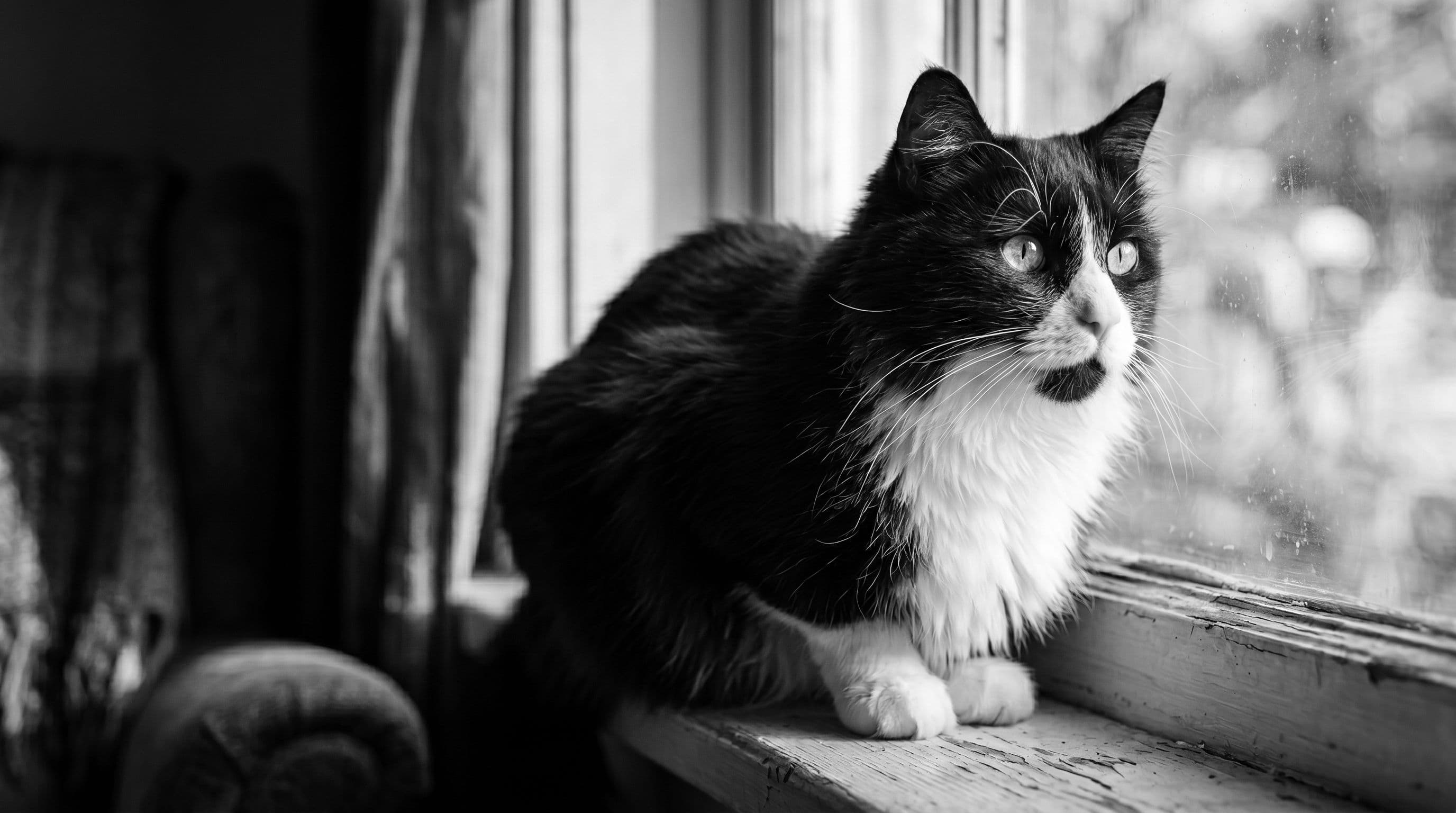 Tuxedo cat sitting on a windowsill beside a curtain, gazing outside
