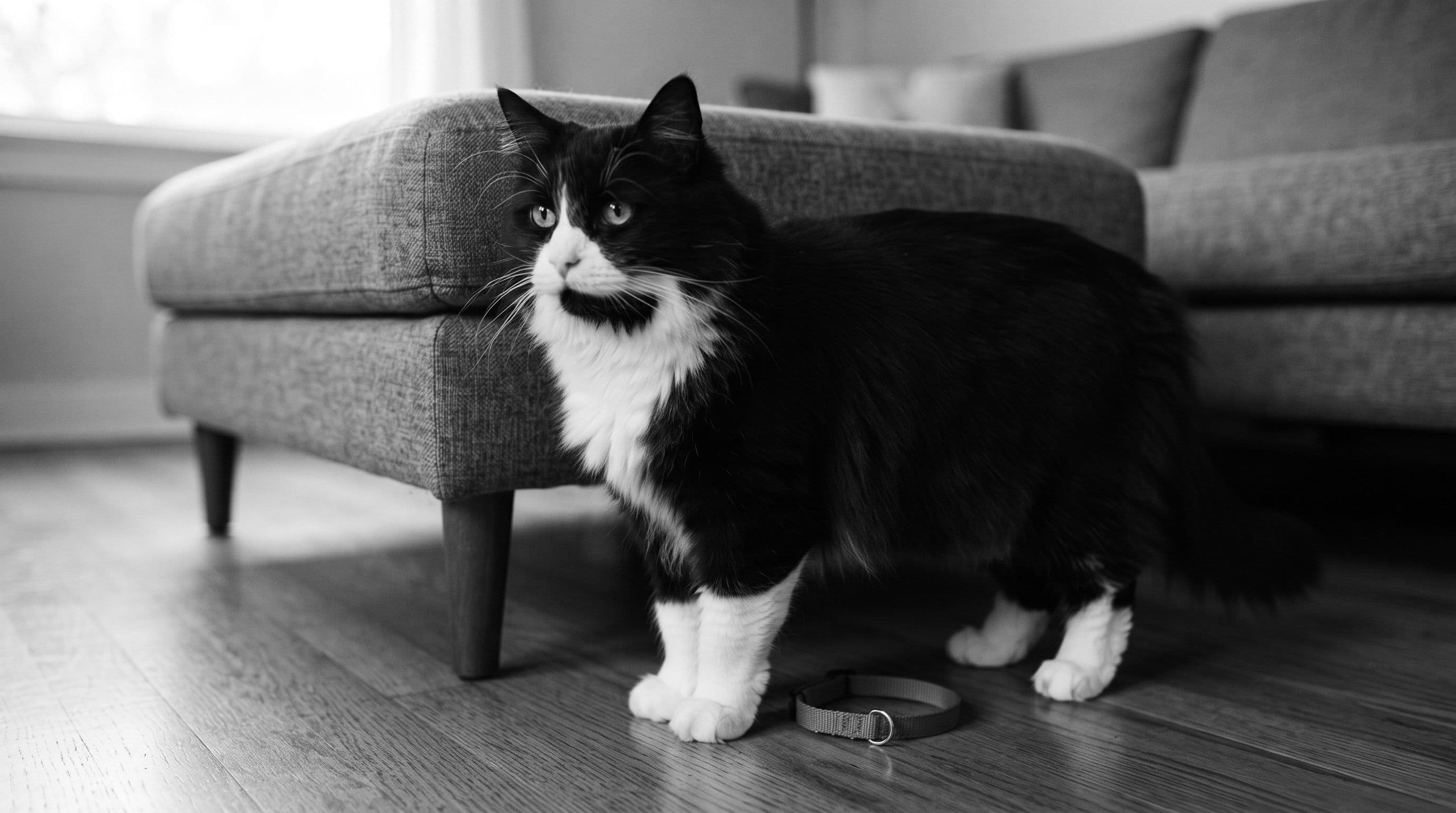 Black-and-white tuxedo cat beside a sofa with a discarded breakaway collar visible underneath on the wooden floor
