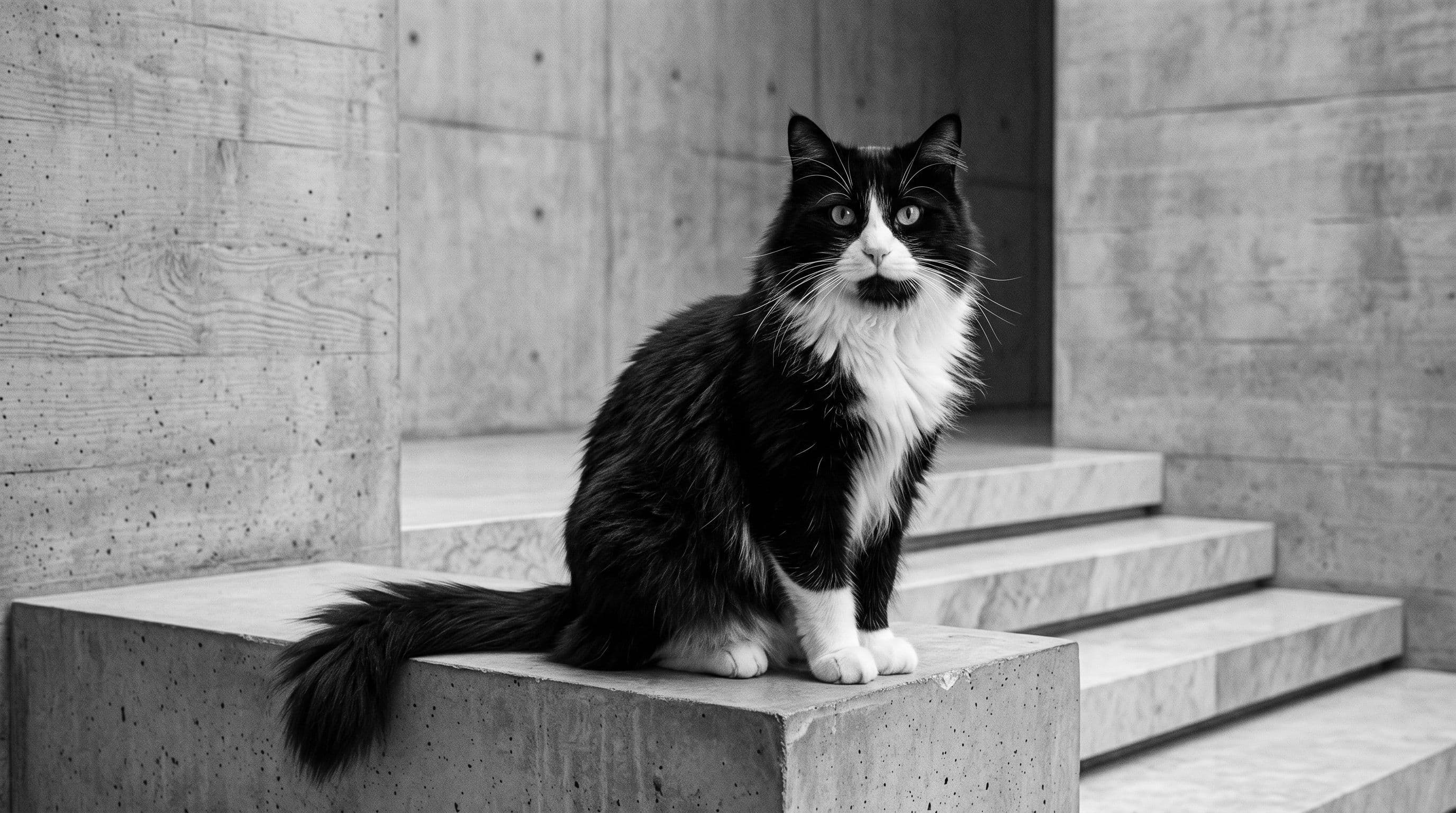 Tuxedo cat sitting on a concrete step in a minimalist stairwell