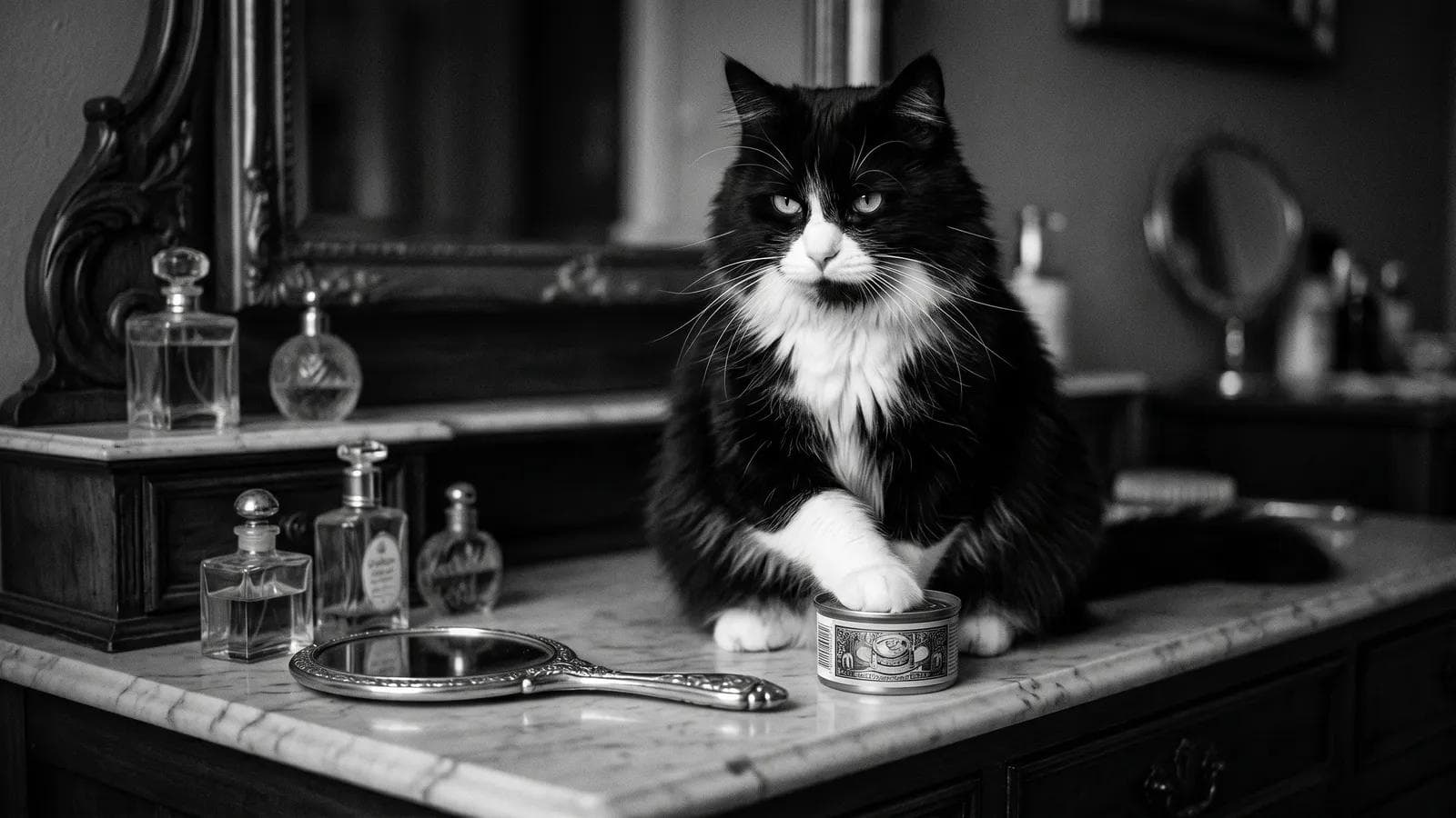 Wet tuxedo cat standing in a shallow basin with damp fur on his back legs, wearing an indignant expression in a bright bathroom