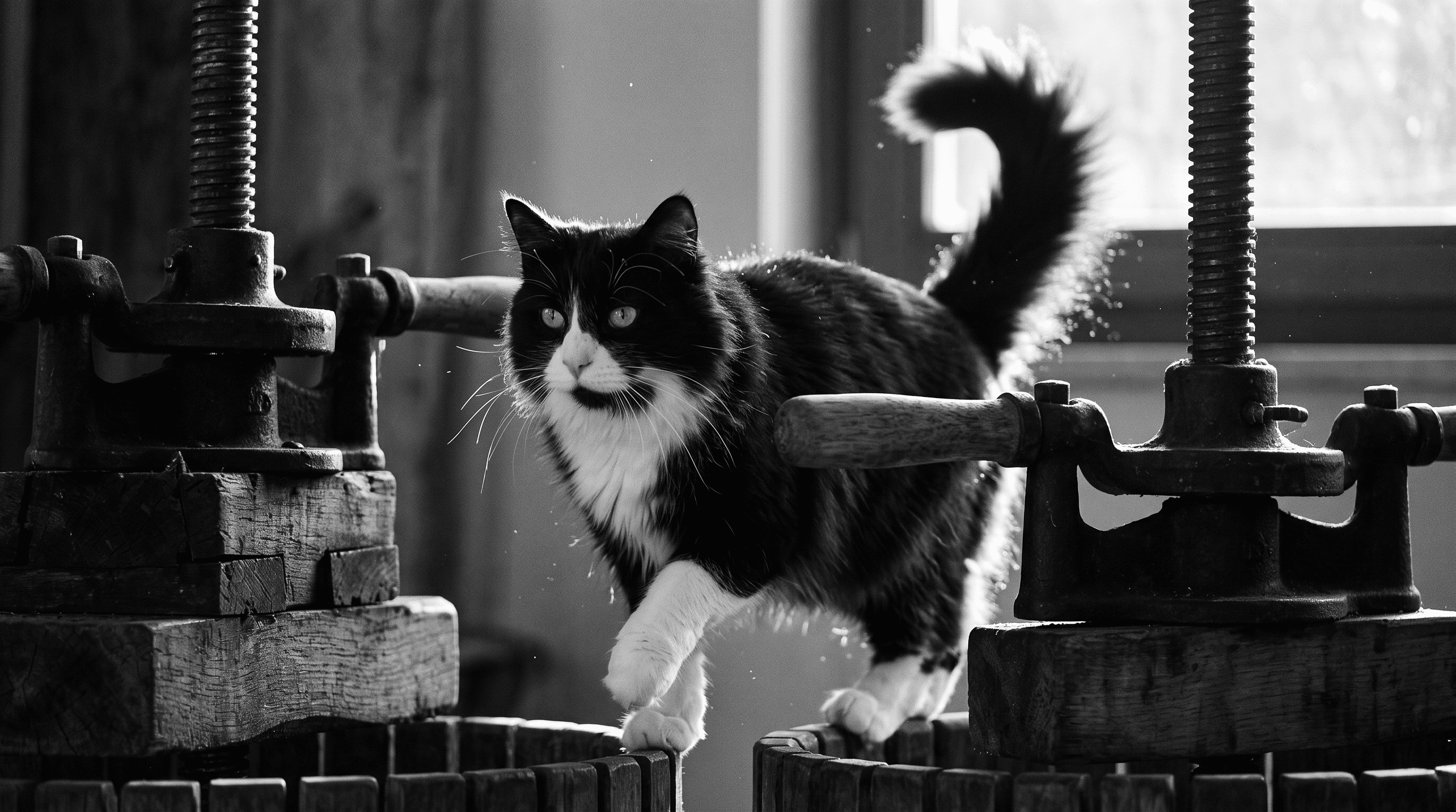 Tuxedo cat navigates antique vineyard equipment, one paw raised, tail arched