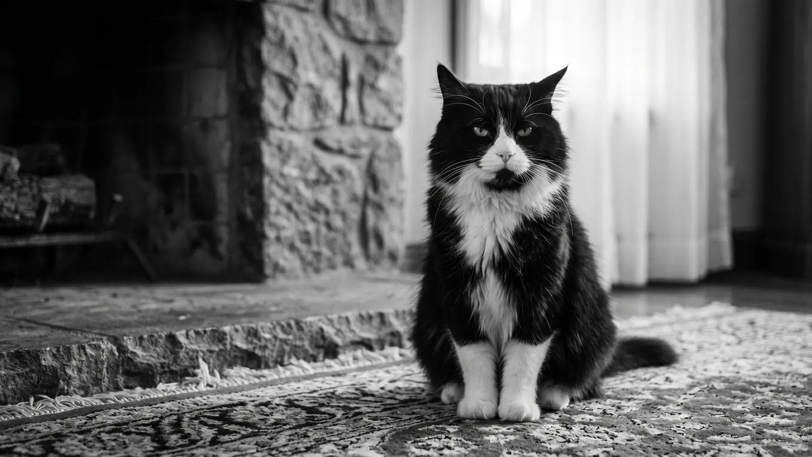 Tuxedo cat sitting on a rug in front of a stone fireplace with stacked firewood