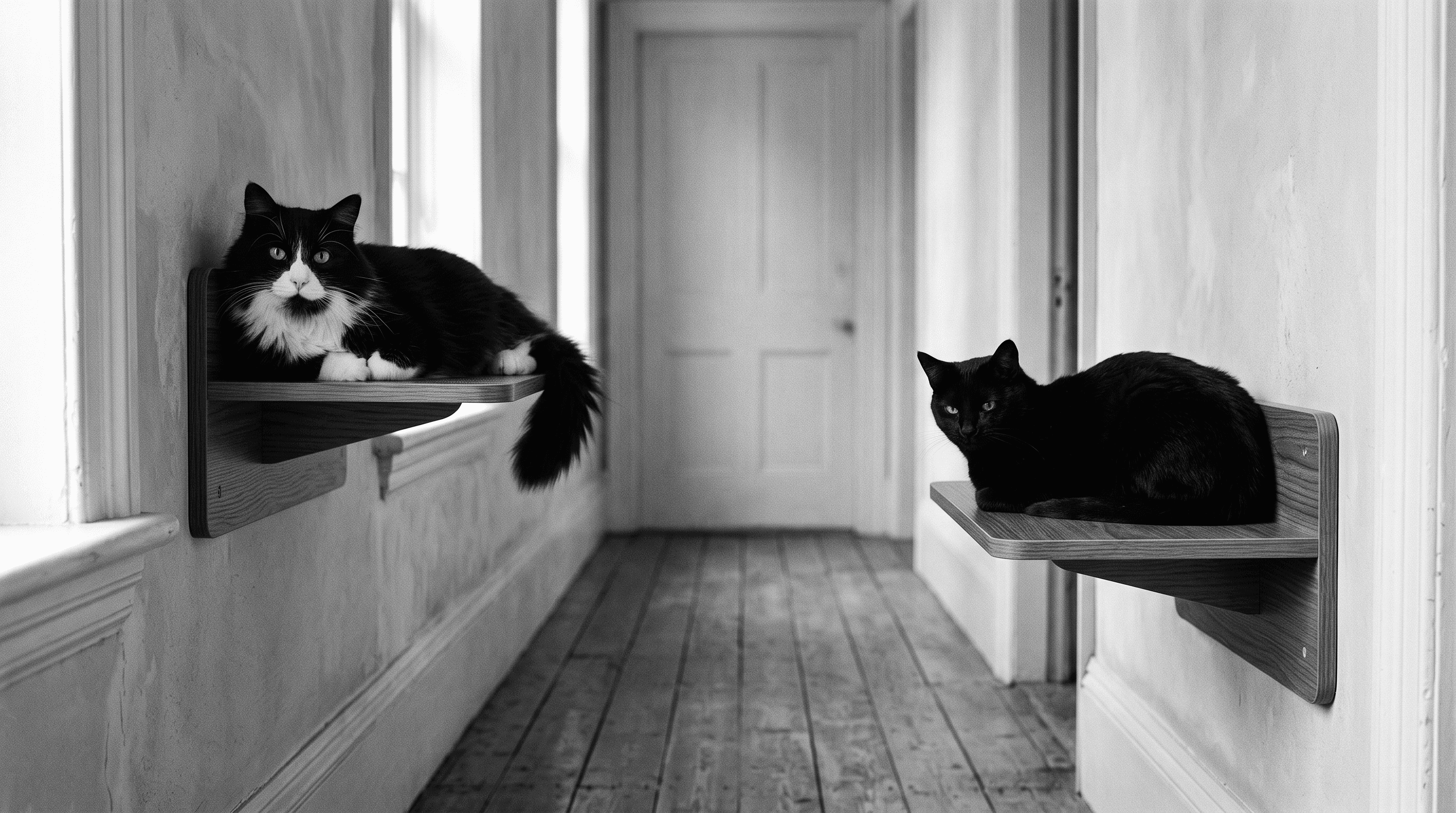 Tuxedo cat relaxing on a wall-mounted shelf at one end of a hallway while an all-black cat rests on a separate shelf at the other end