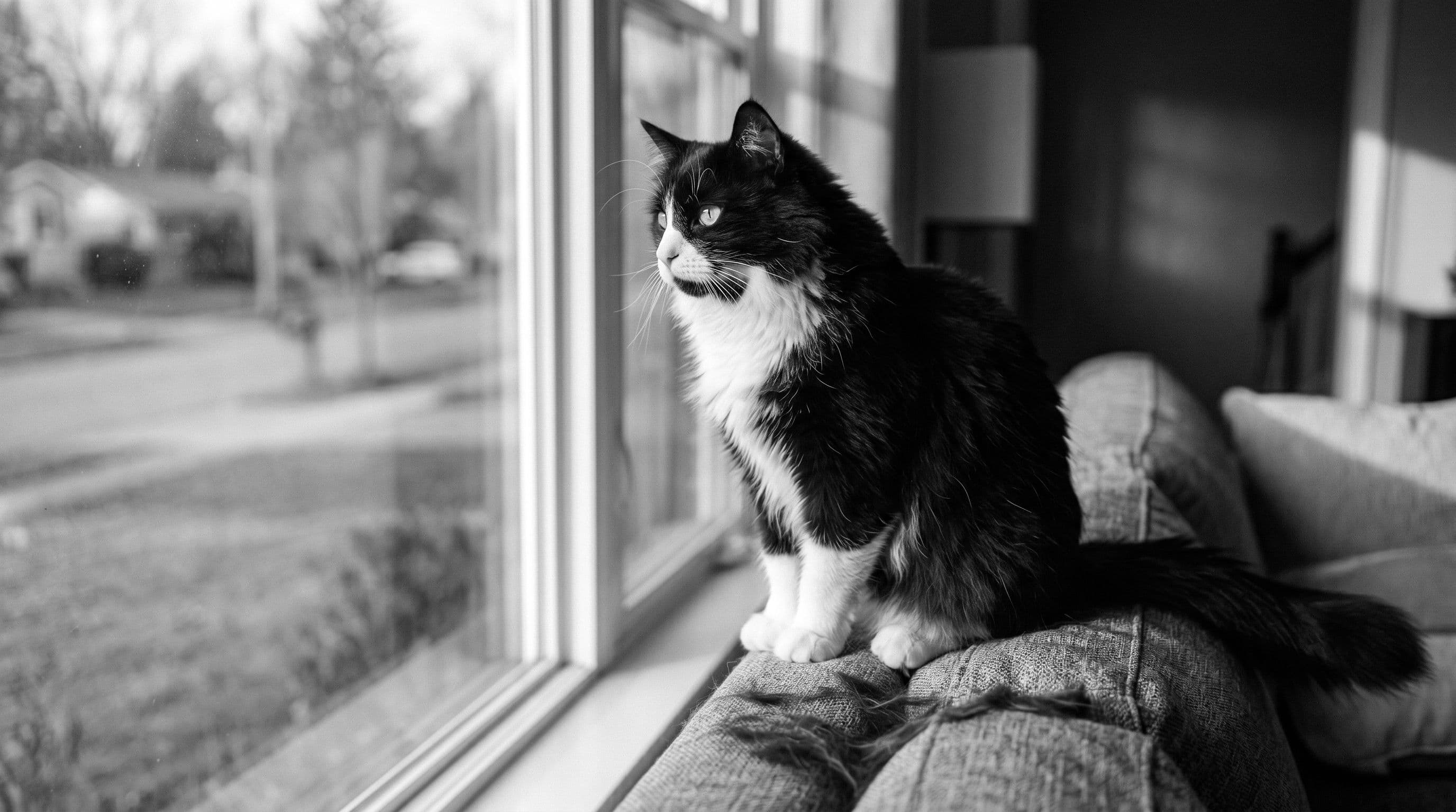 Vino the tuxedo cat sitting on a grey couch armrest looking out a window with black shed fur visible on the fabric