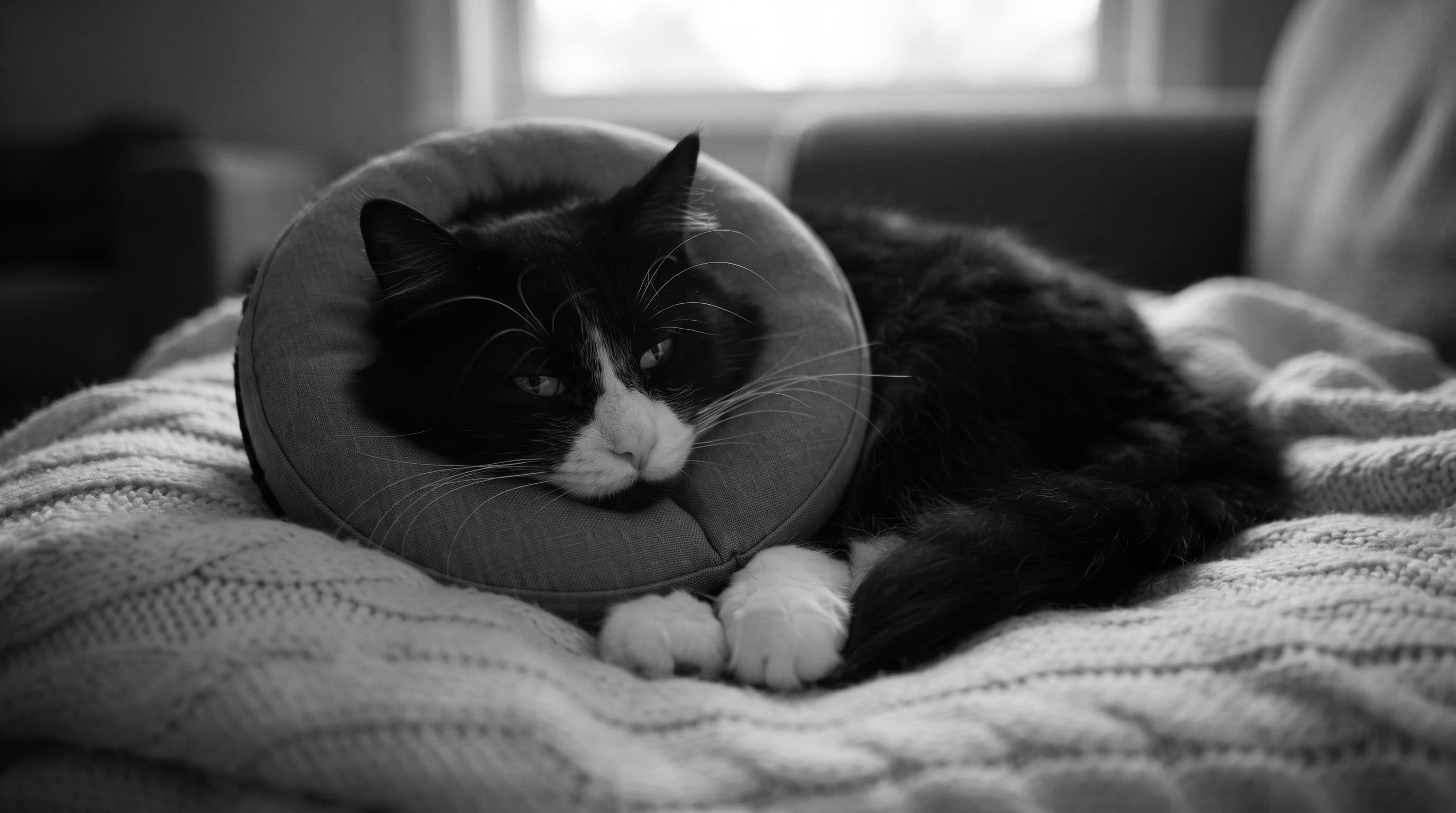 Tuxedo cat wearing a soft recovery cone resting sleepily on a cream-colored blanket in a cozy room