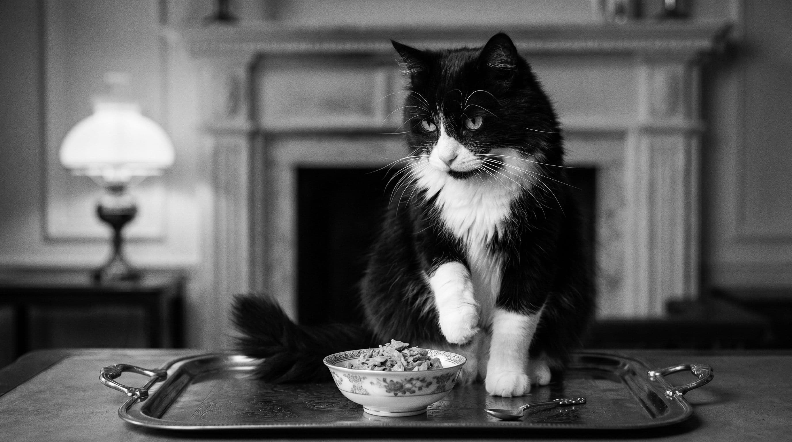 Black-and-white tuxedo cat sitting tall next to a porcelain dish of wet cat food on a brass tray under warm lamp lighting