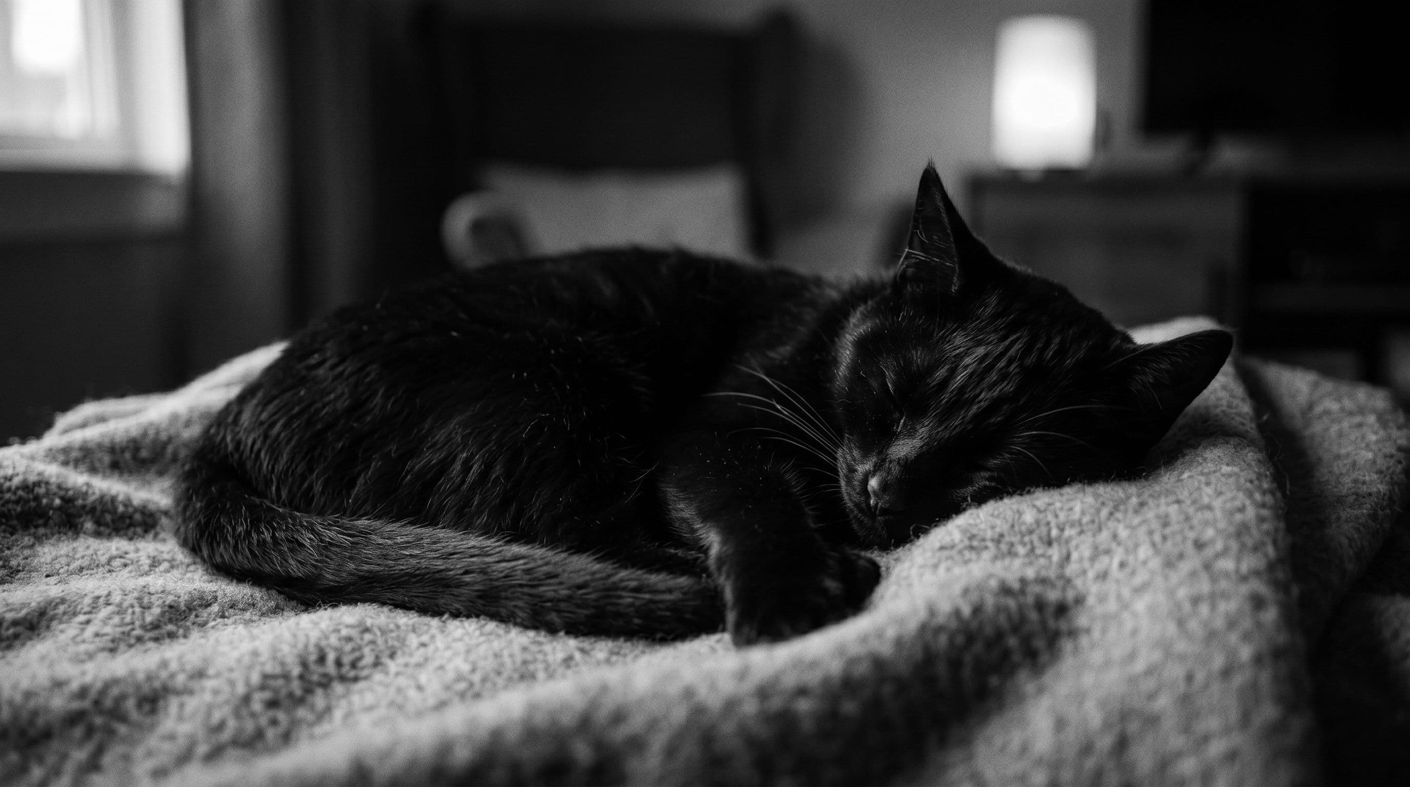 All-black cat sleeping soundly curled on a plush blanket in a warmly lit living room at night