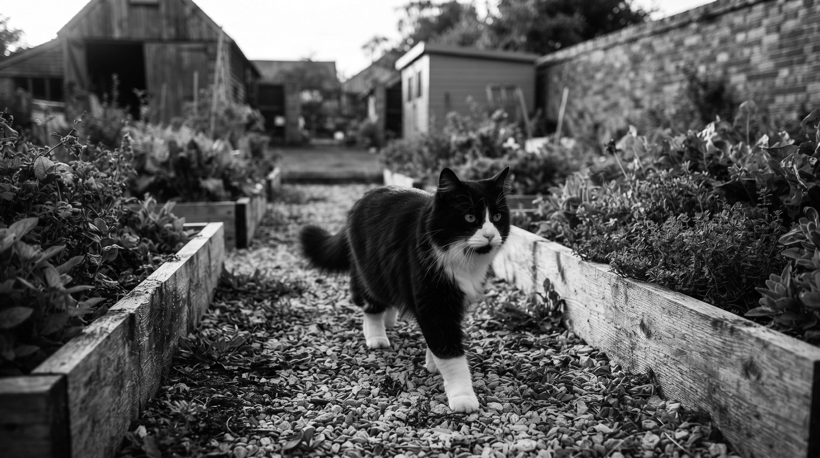 Black-and-white tuxedo cat strolling along a gravel garden path between raised garden beds in a semi-rural backyard