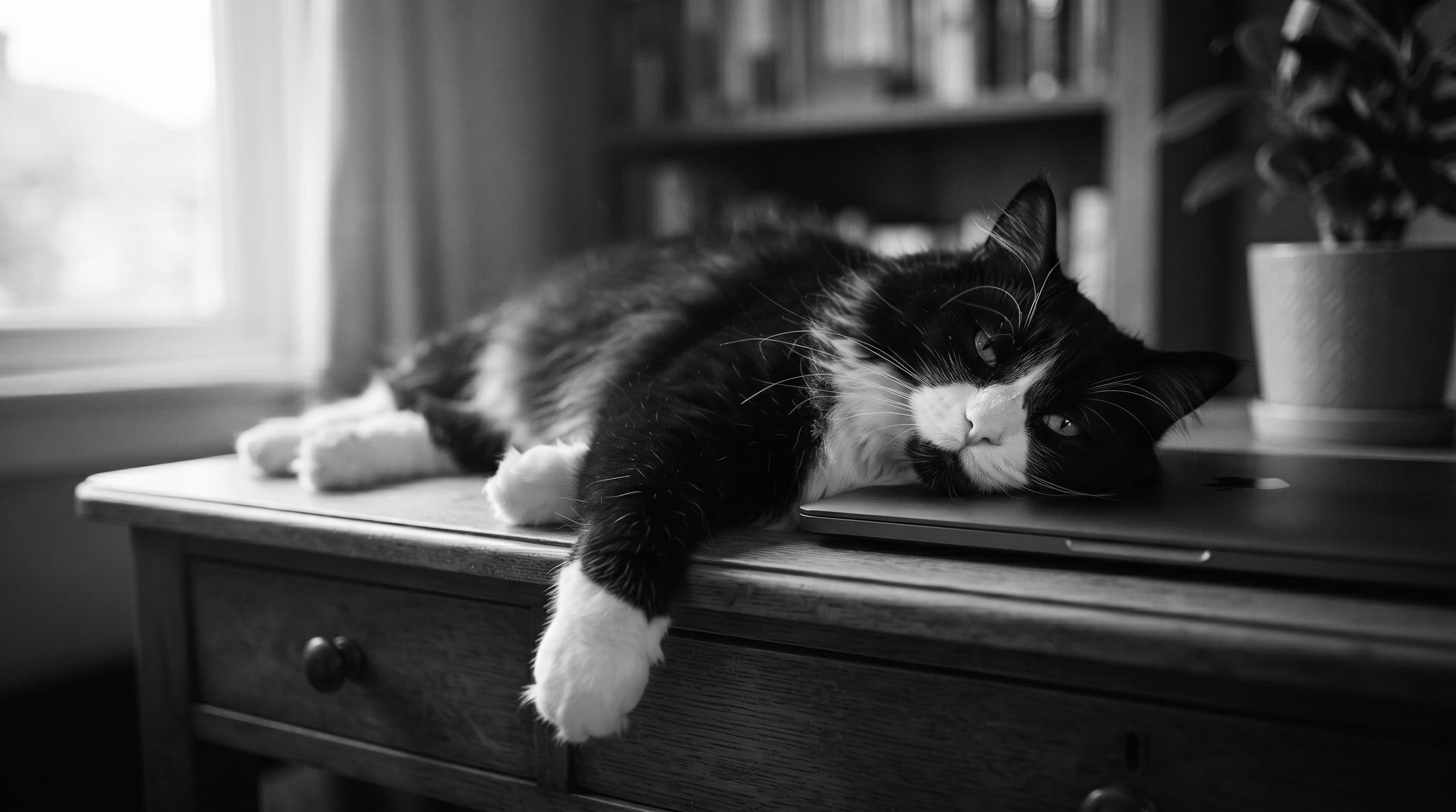 Tuxedo cat with green-yellow eyes lounging across a home desk next to a closed laptop, relaxed and possessive