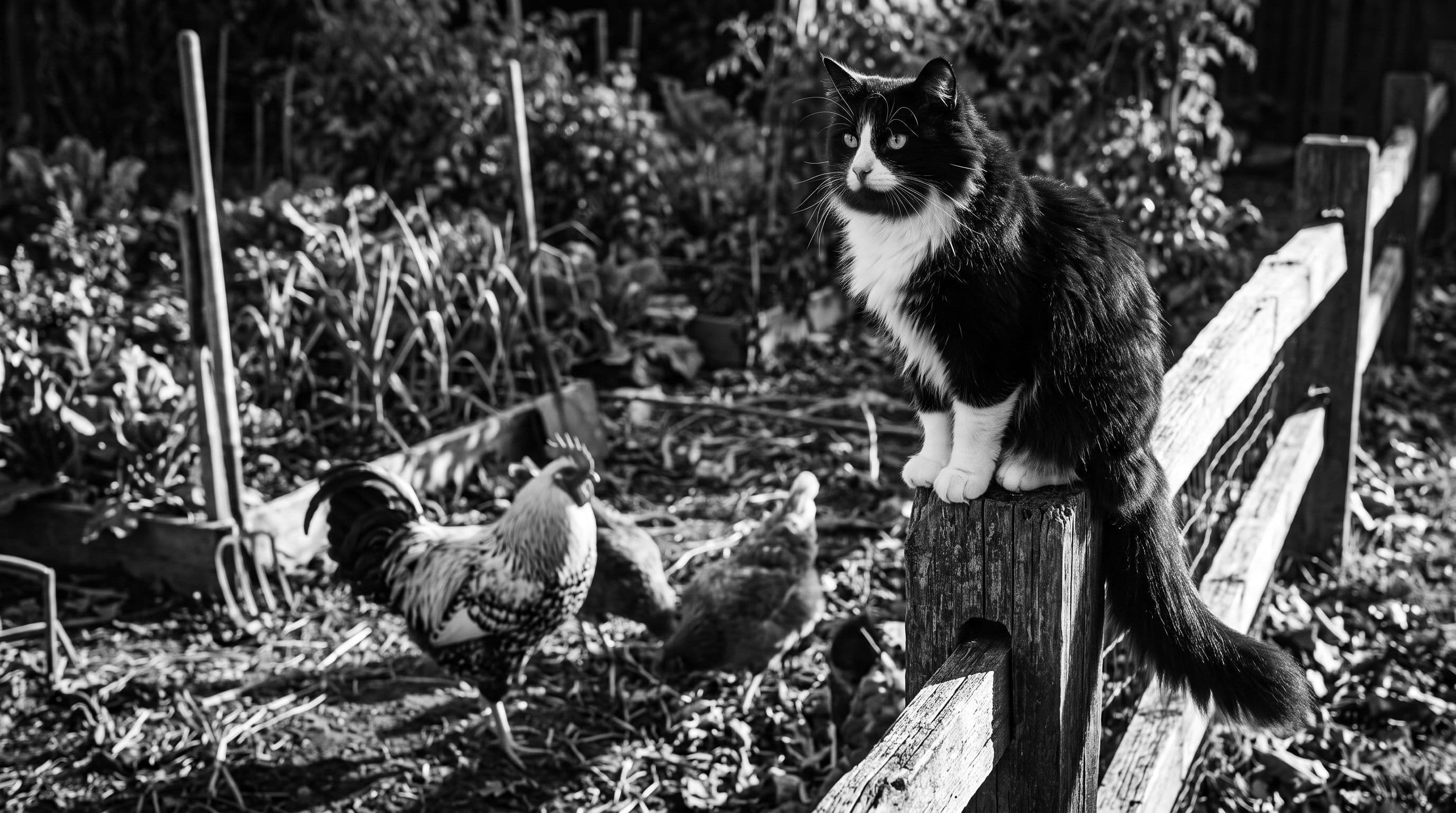 Tuxedo cat with green-yellow eyes sitting calmly on a fence post overlooking a rooster and chickens in a sunlit garden