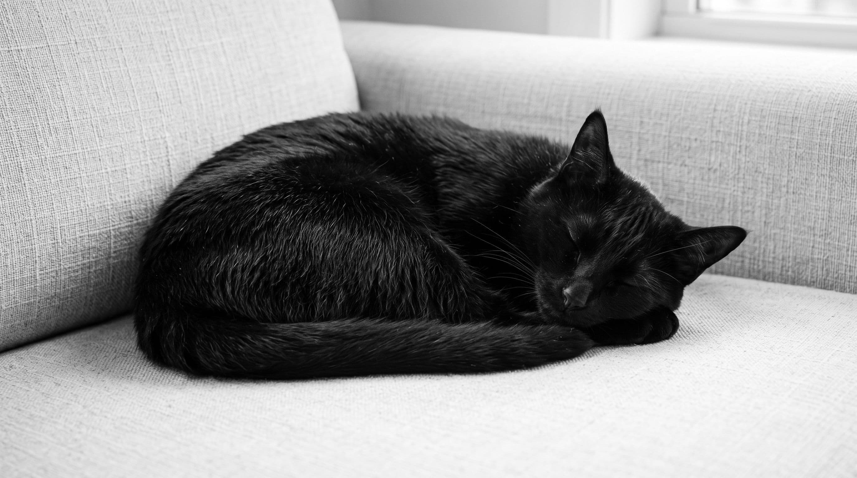 All-black cat sleeping soundly in a relaxed curl on a light-colored linen couch in a calm living room