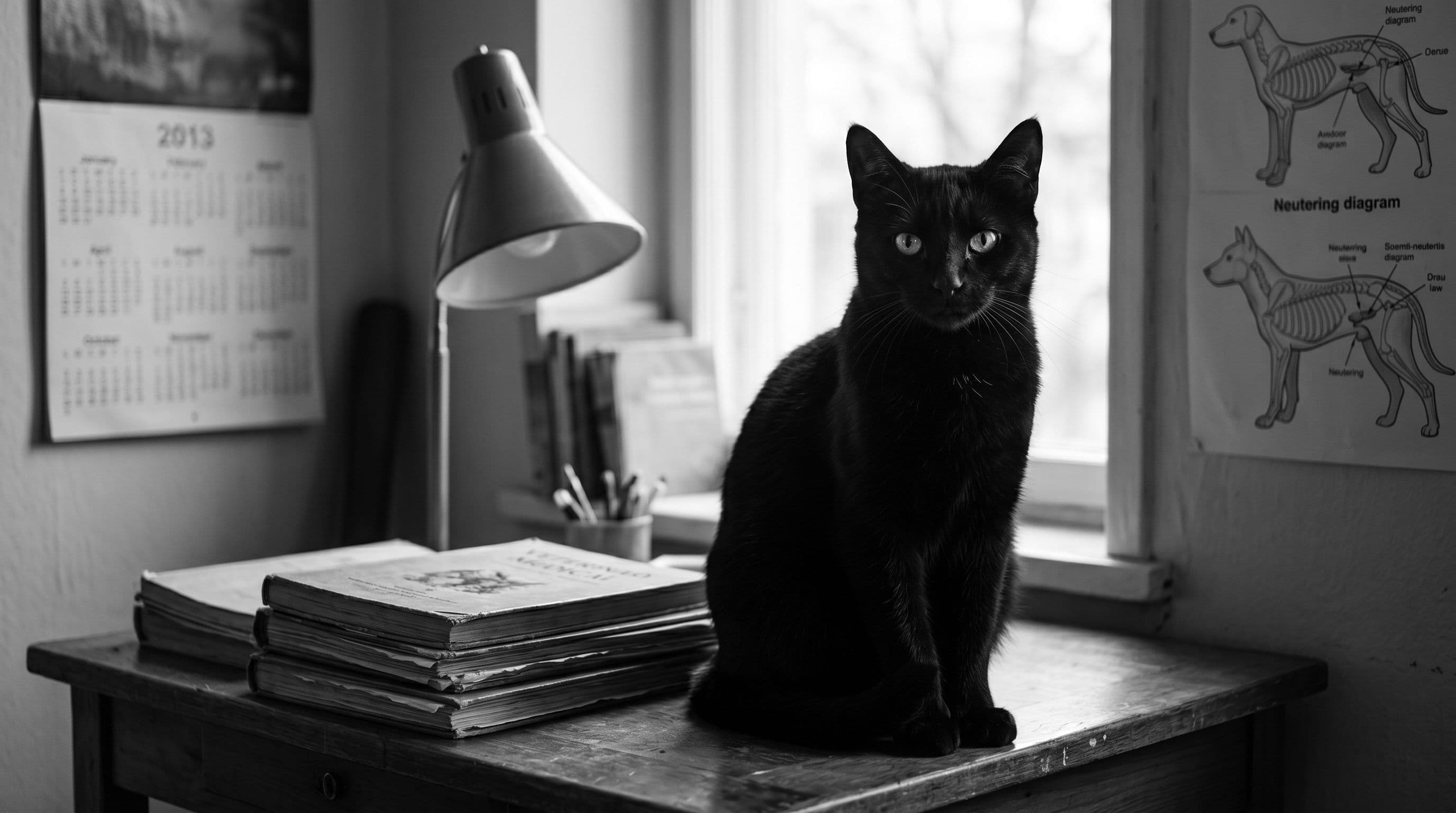 Black cat sitting on a desk beside a lamp and stacked books near a window