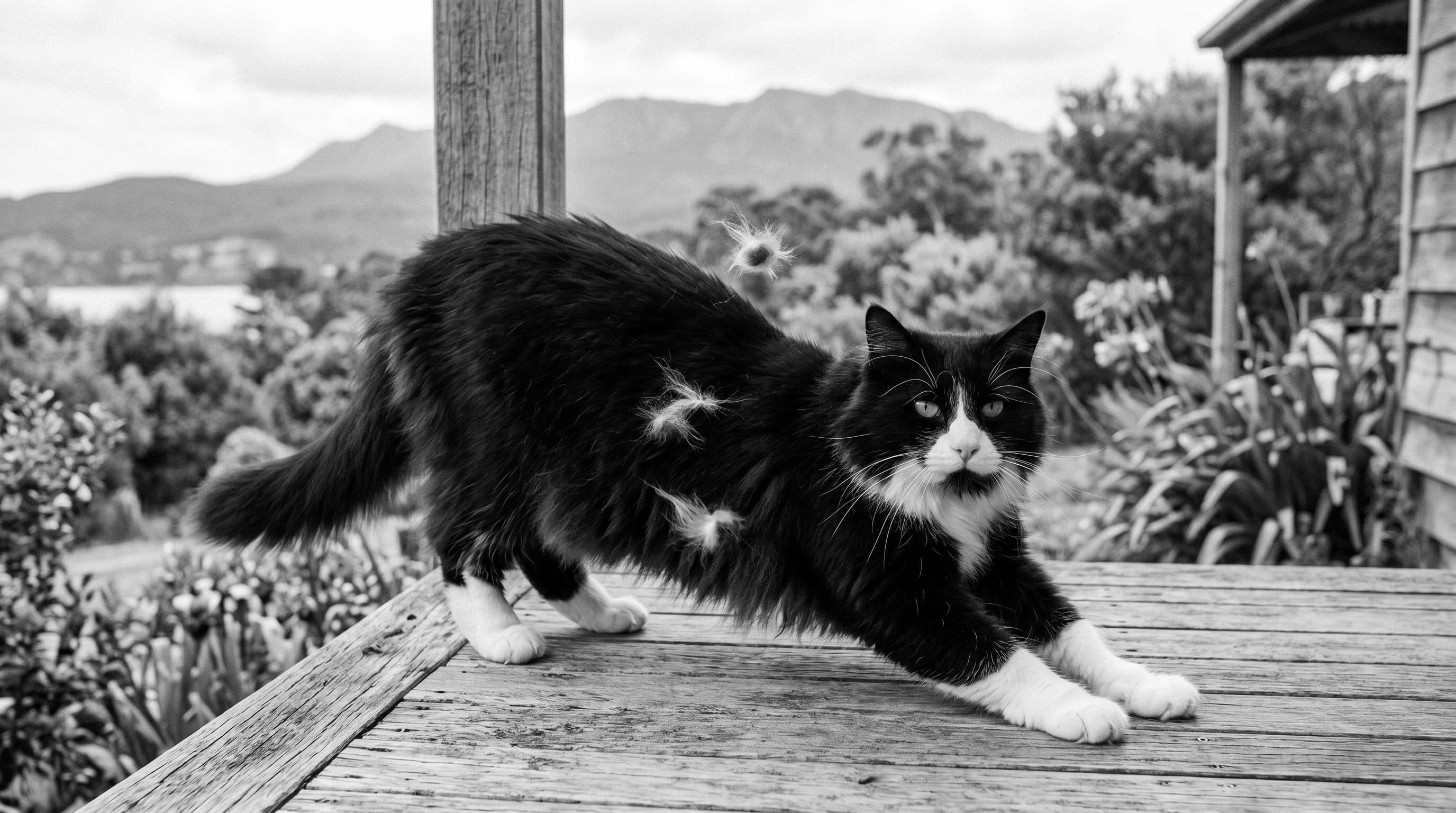 Vino the tuxedo cat stretching on a sunny porch with tufts of loose undercoat fur visibly lifting from his belly
