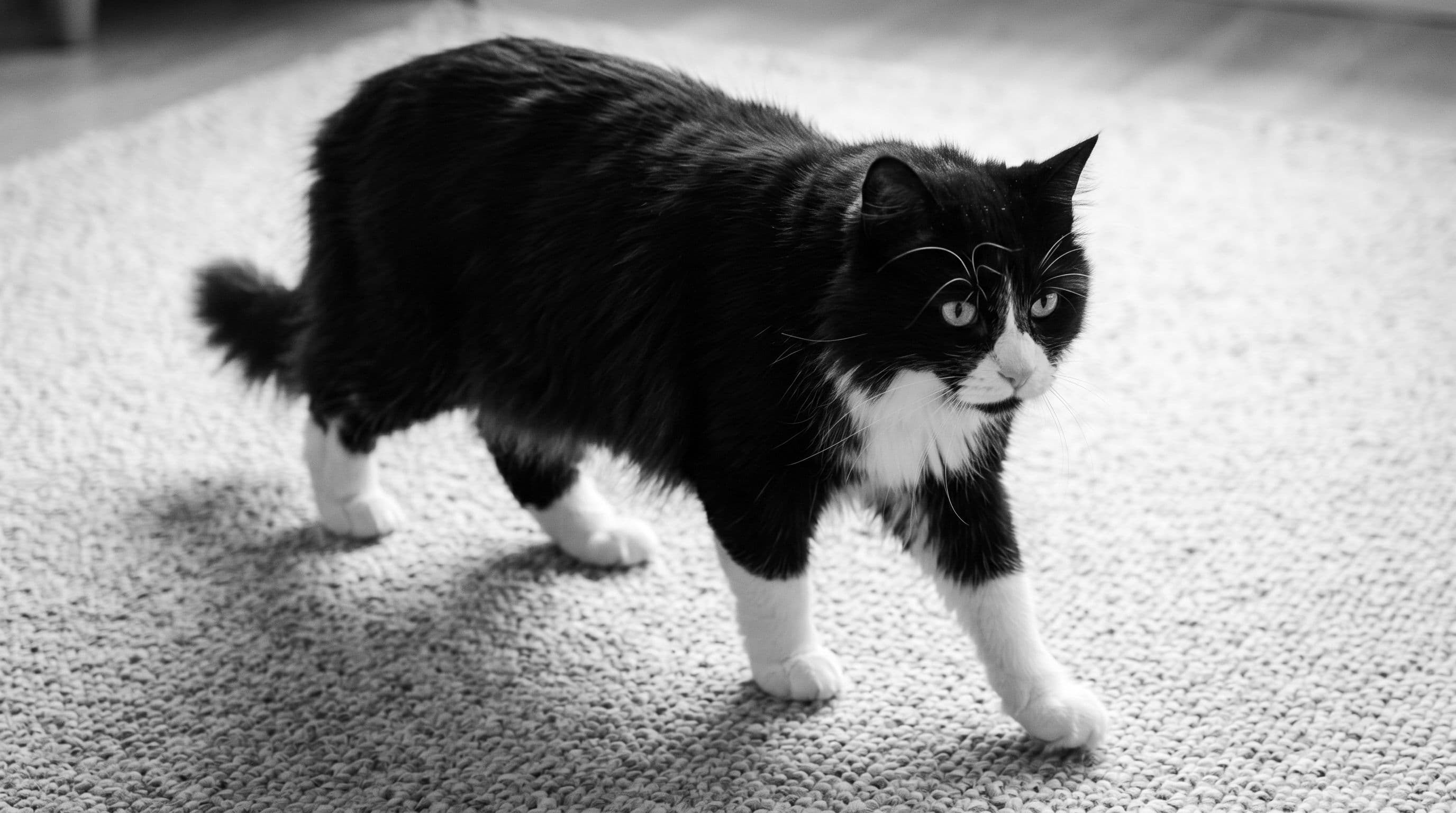 Black-and-white tuxedo cat stepping carefully across a textured wool rug with white paws spread slightly, lit by gentle overhead light