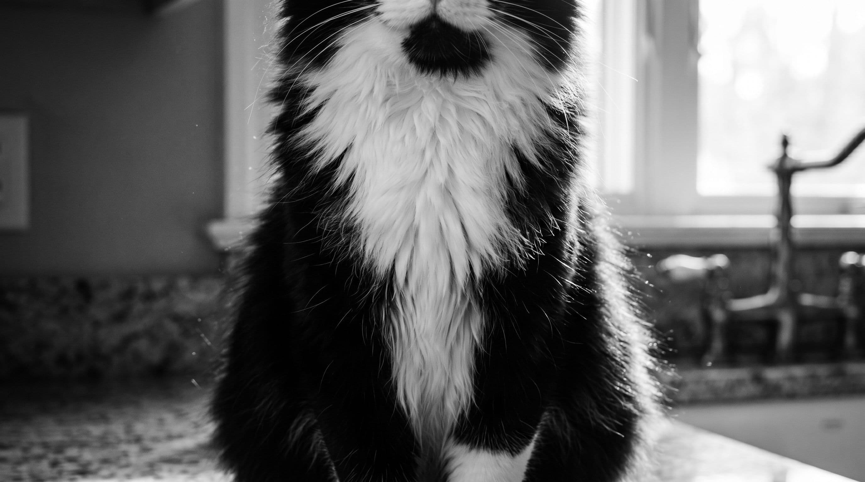 Close-up of a tuxedo cat's fluffy white chest bib and black chin in warm window light highlighting the medium-long fur texture