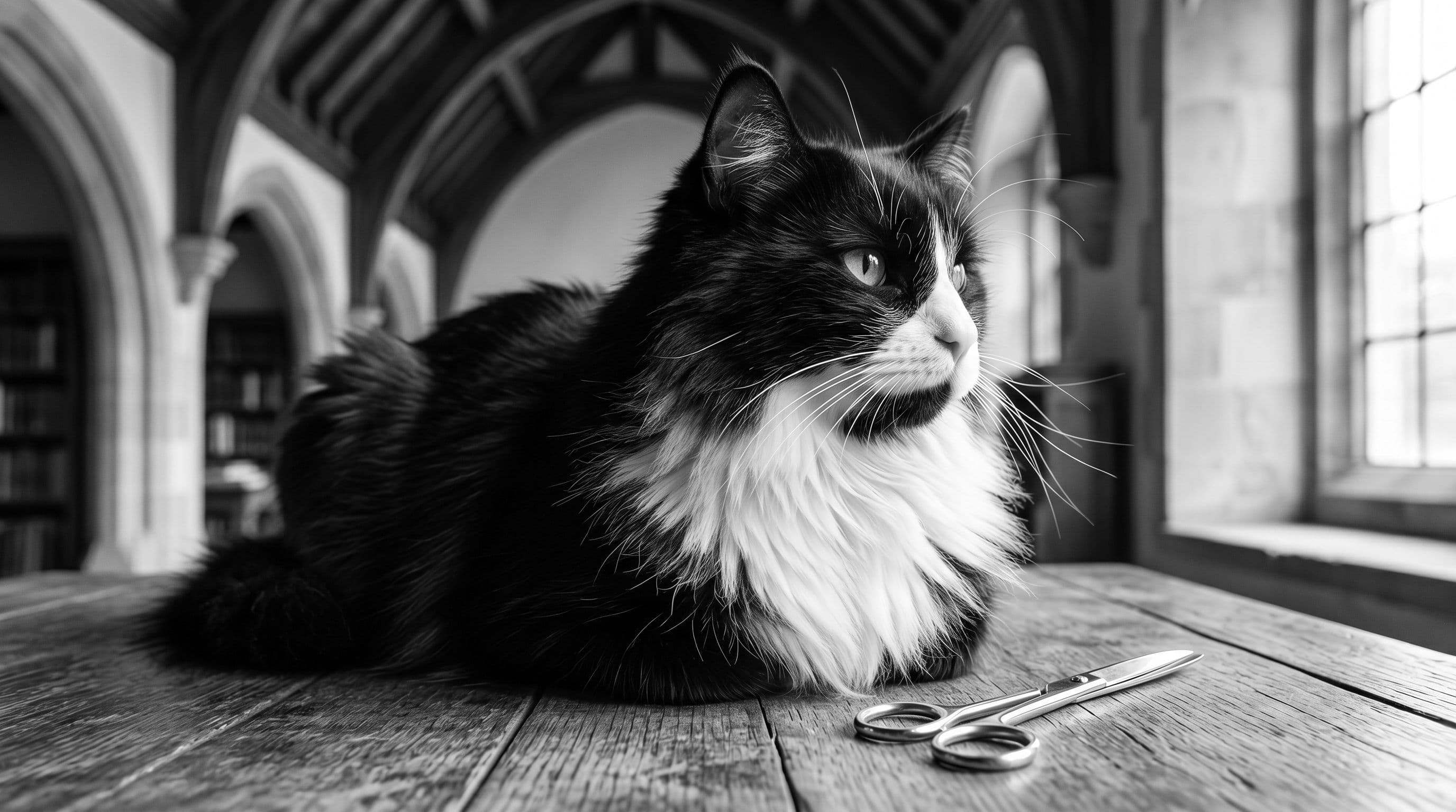 Close-up of a tuxedo cat's thick white chest fur meeting sleek black coat, with rounded grooming scissors on the table beside him