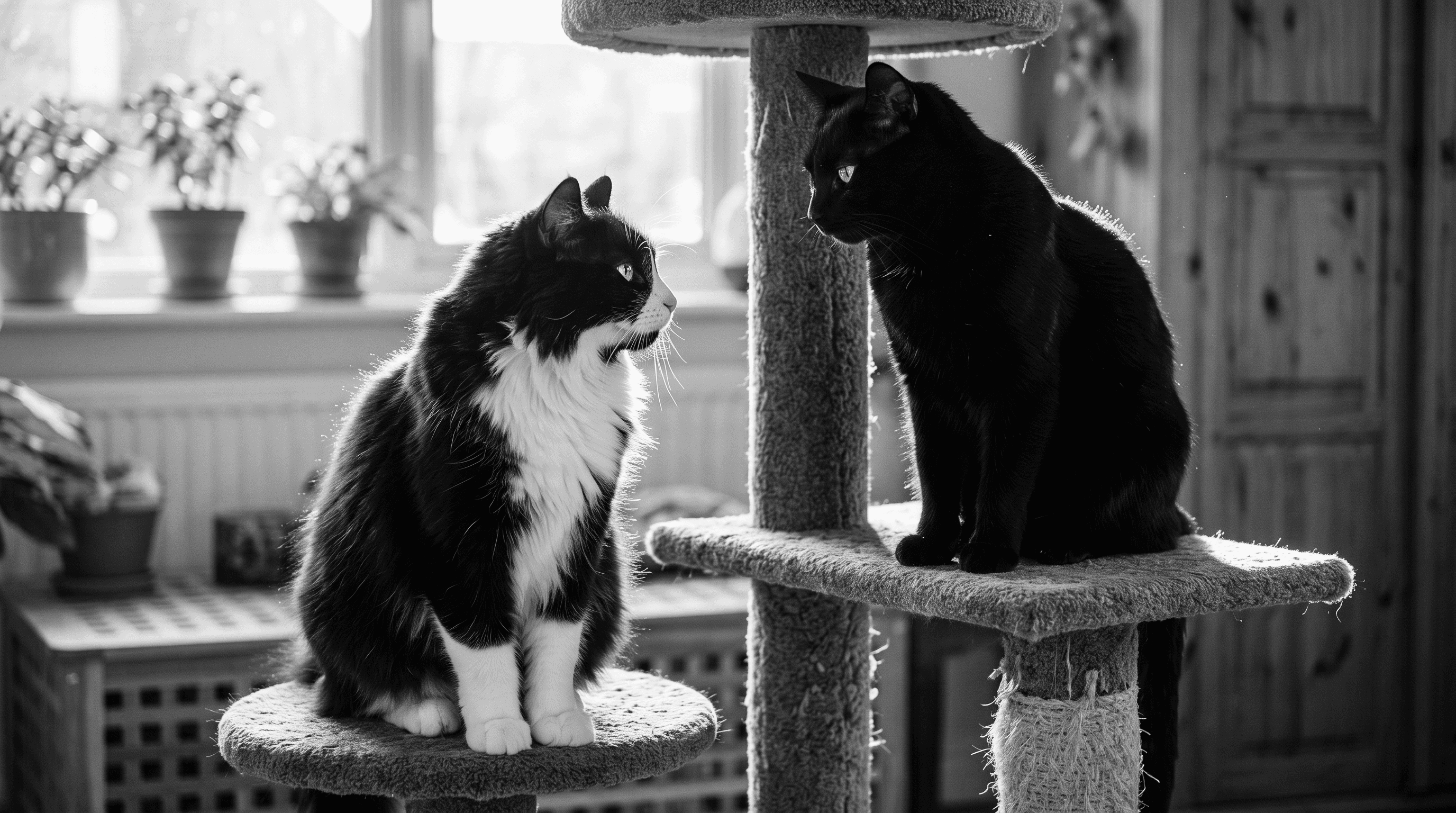 Tuxedo cat on the top platform and an all-black cat on the middle platform of a cat tower in a bright living room, locked in a stare