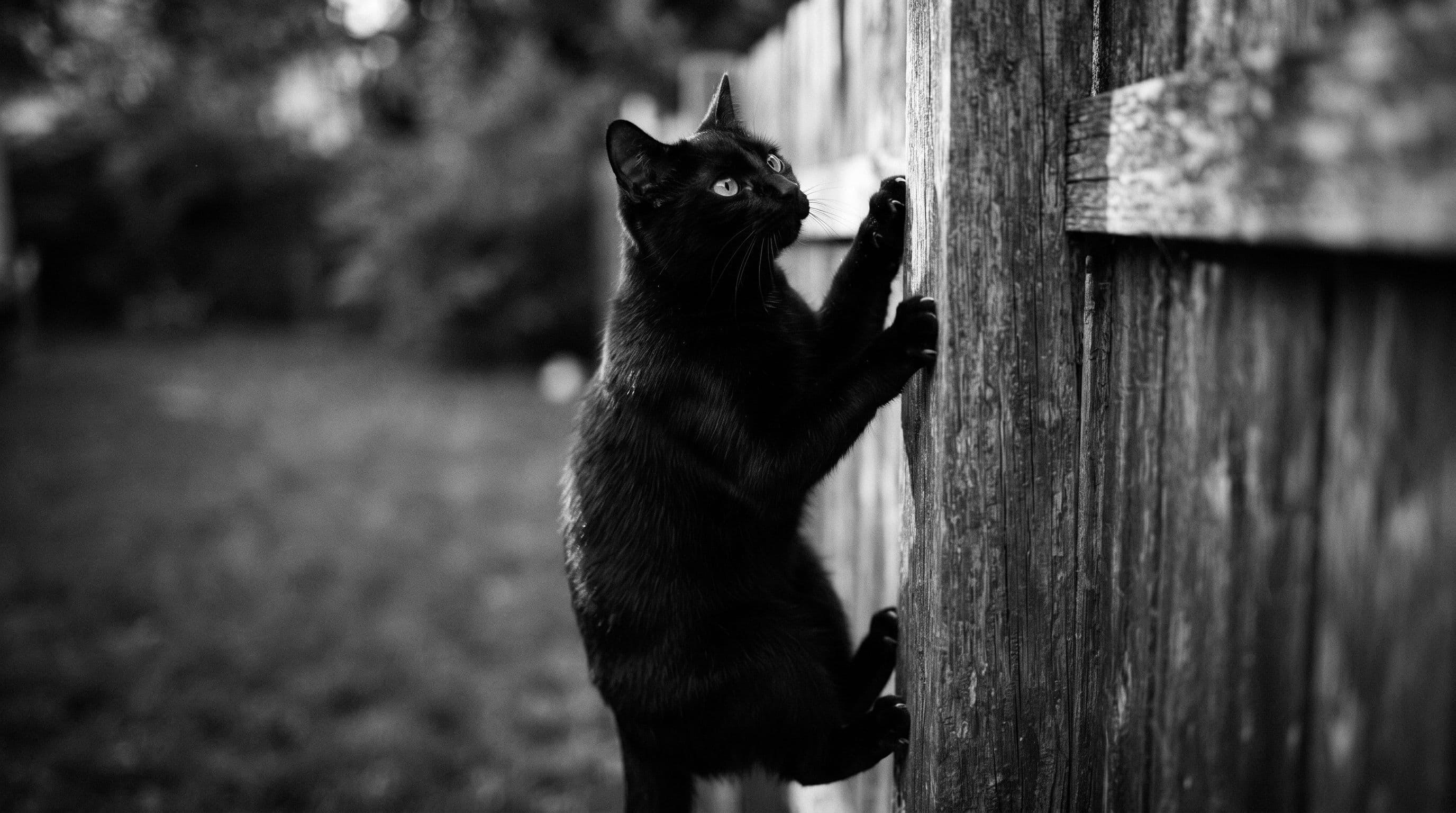 Sleek all-black cat gripping a wooden fence post mid-climb in a lush green yard with soft natural light