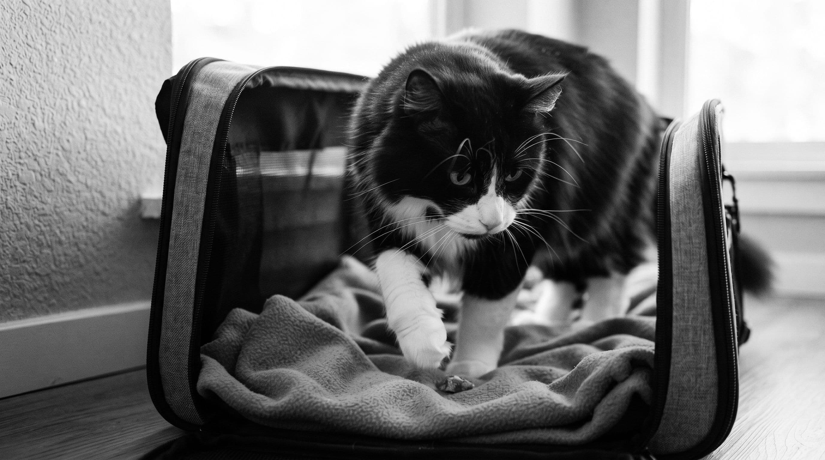Tuxedo cat stepping into a top-loading pet carrier lined with a soft blanket, nose pointed toward a small treat