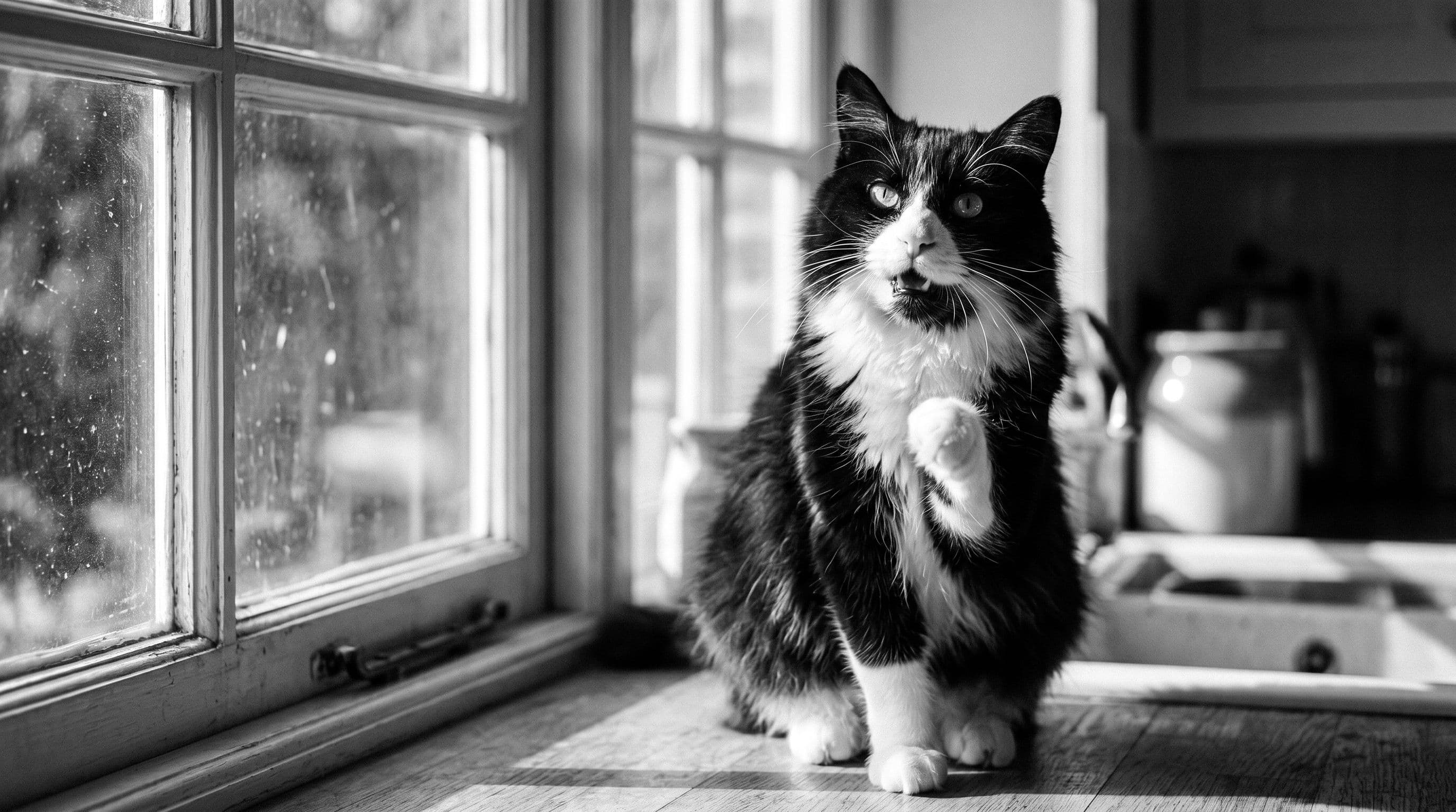 Tuxedo cat sitting by a bright kitchen window looking unsettled with one paw near his mouth and a strand of saliva visible